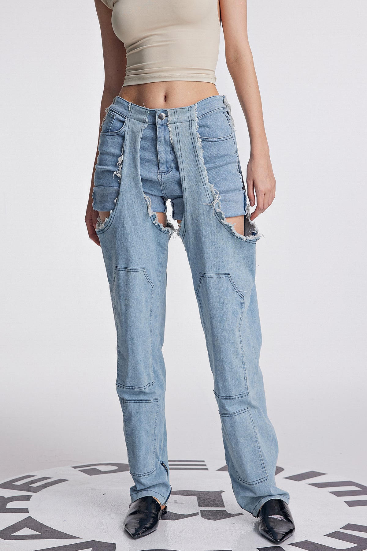 Anahi Deconstruct Asymmetric Fringe Jeans In Slight Blue