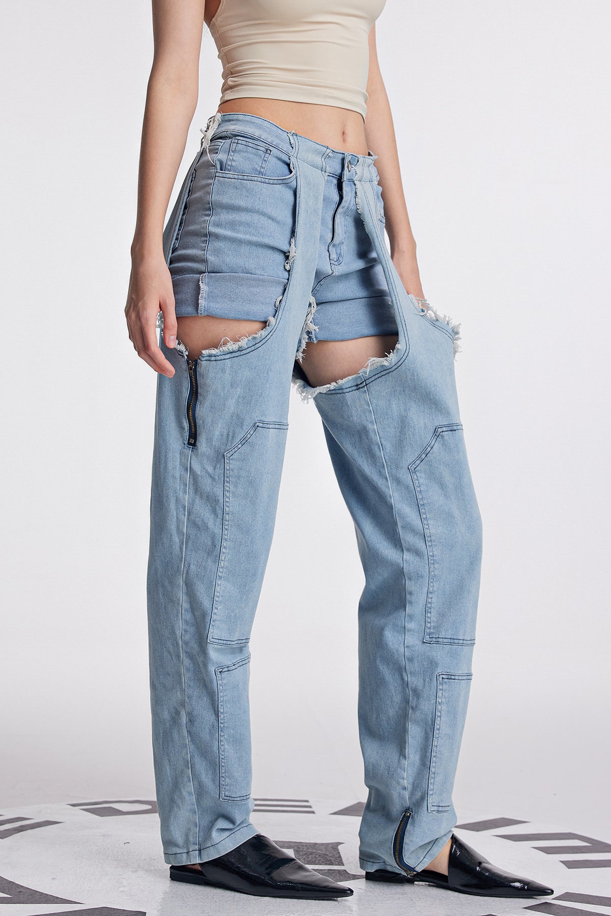 Anahi Deconstruct Asymmetric Fringe Jeans In Slight Blue