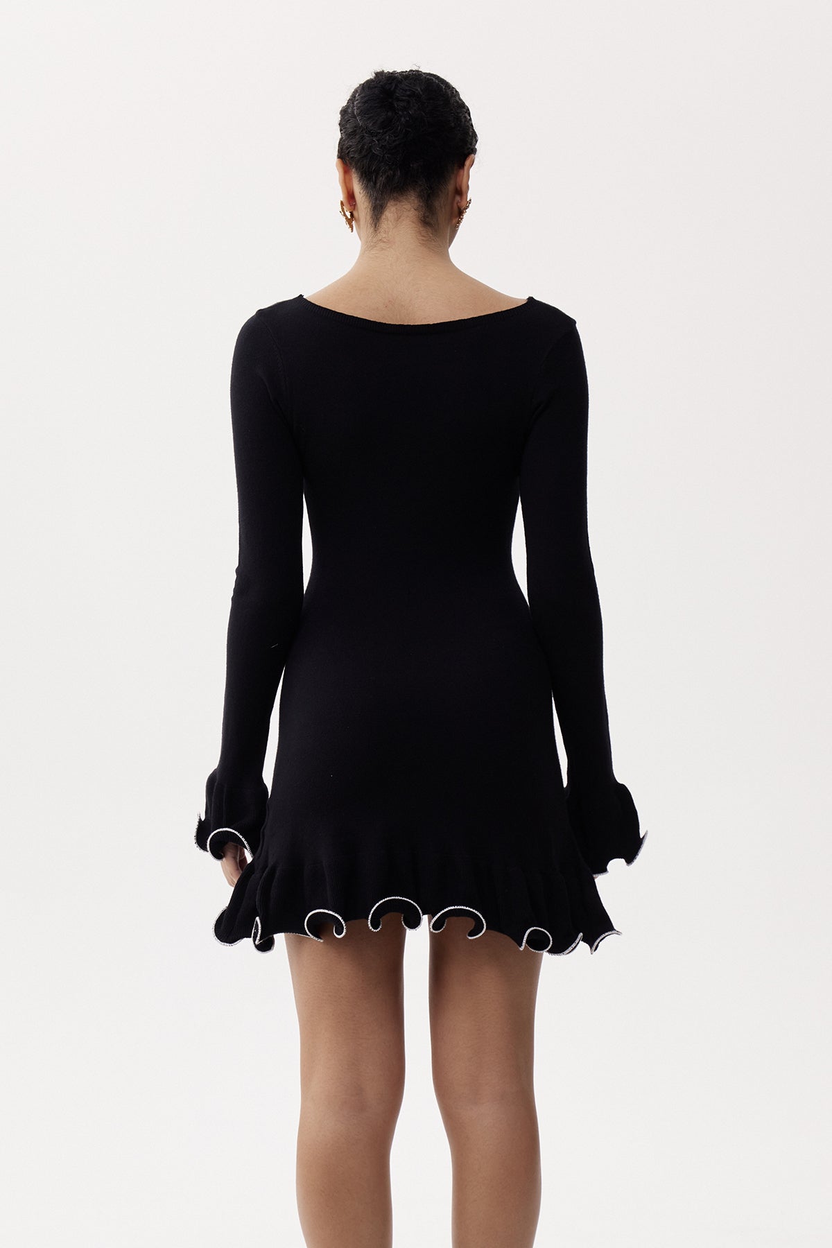 Anand Asymmetric Wavy Long Sleeve Mini Dress In Black