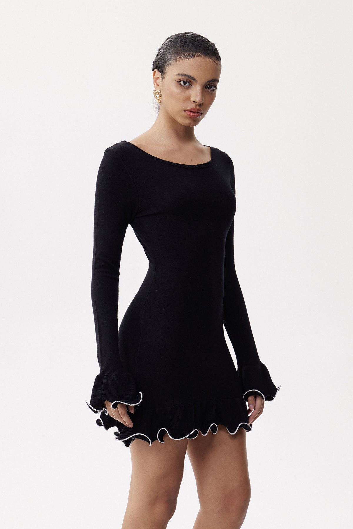 Anand Asymmetric Wavy Long Sleeve Mini Dress In Black