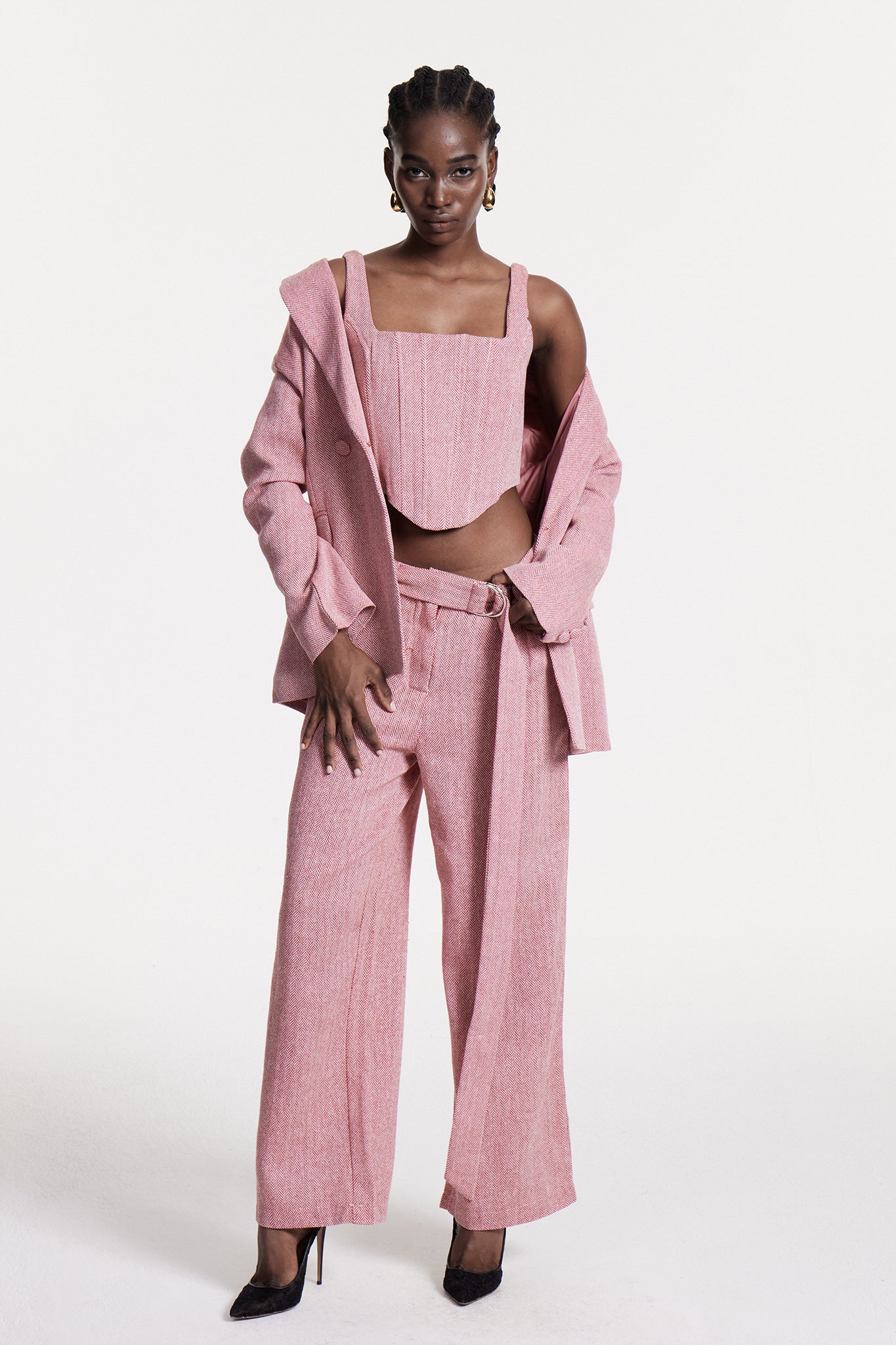 Anang Lapel Strapless Three Piece Pants Set In Pink