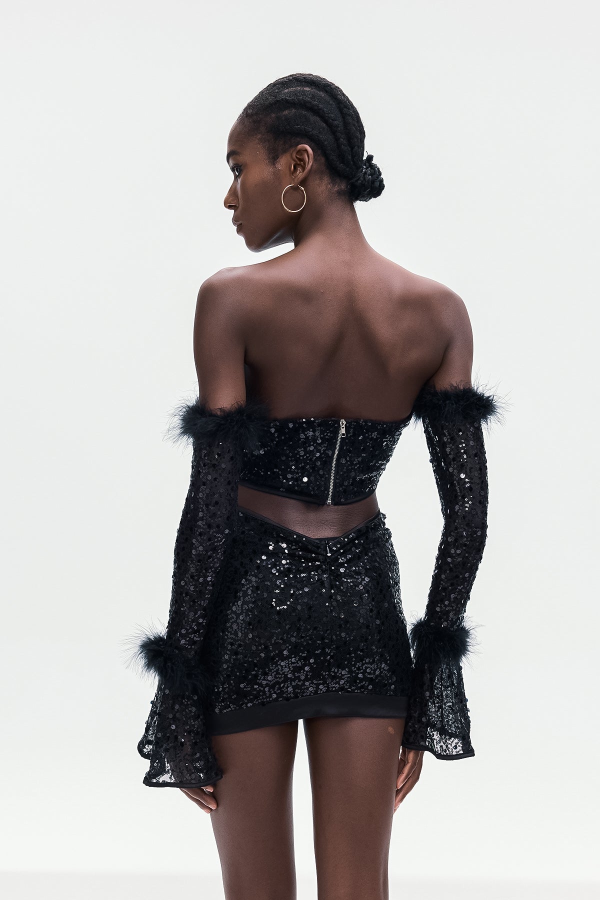 Ancelin Off Shoulder Faux Fur Sequin Skirt Set