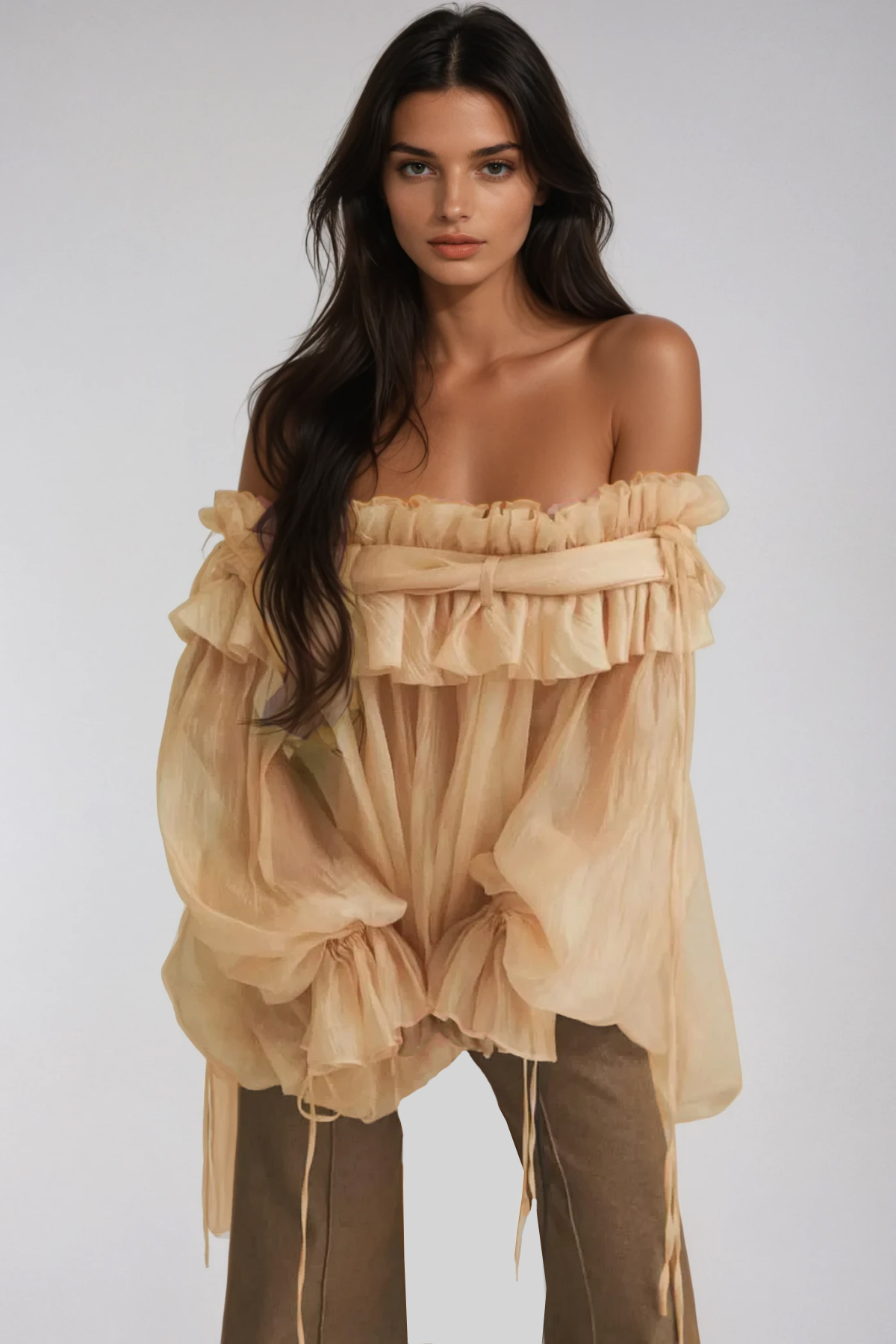 Aneirin Off Shoulder Mesh Ruffle Top