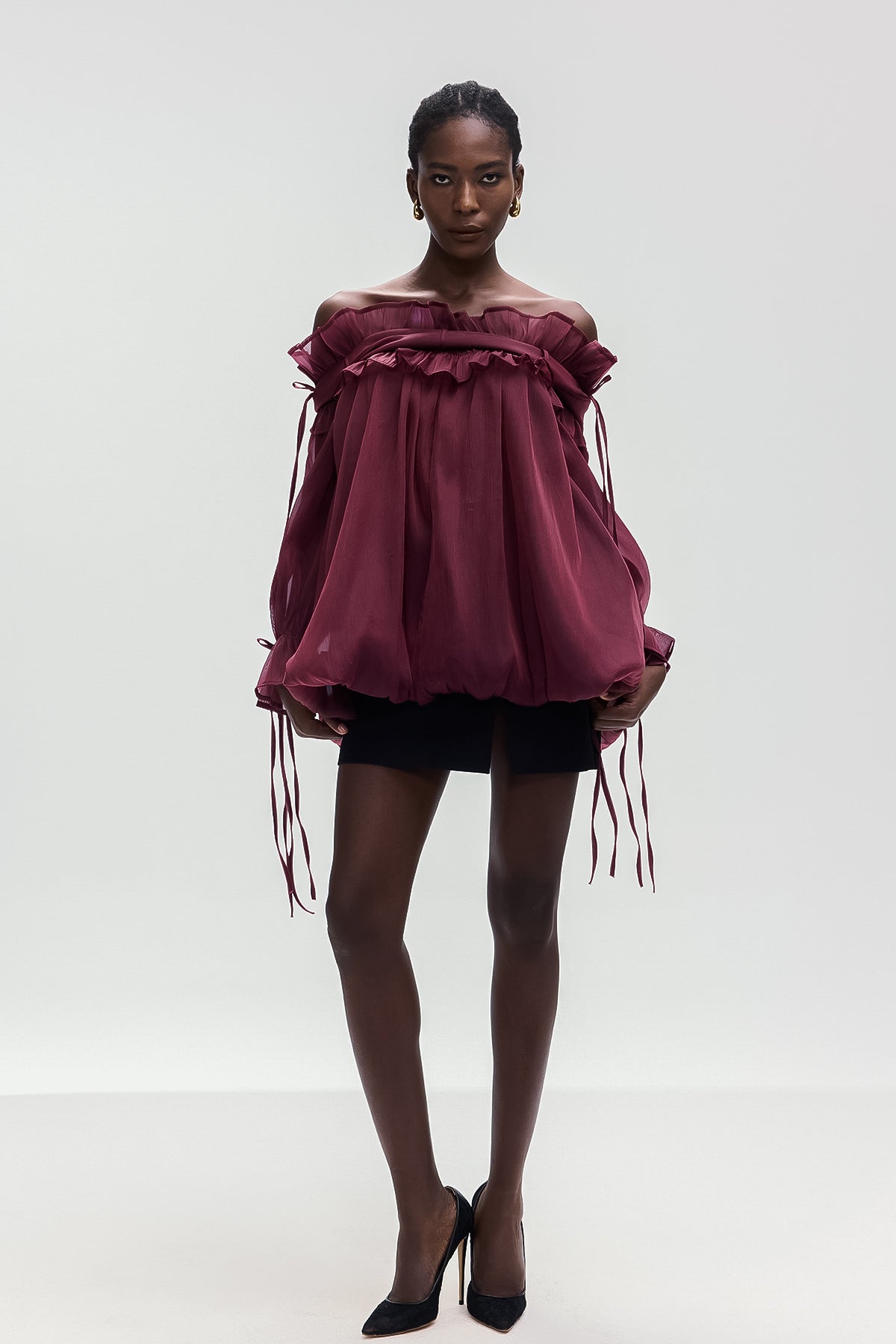 Aneirin Off Shoulder Mesh Ruffle Top In Red