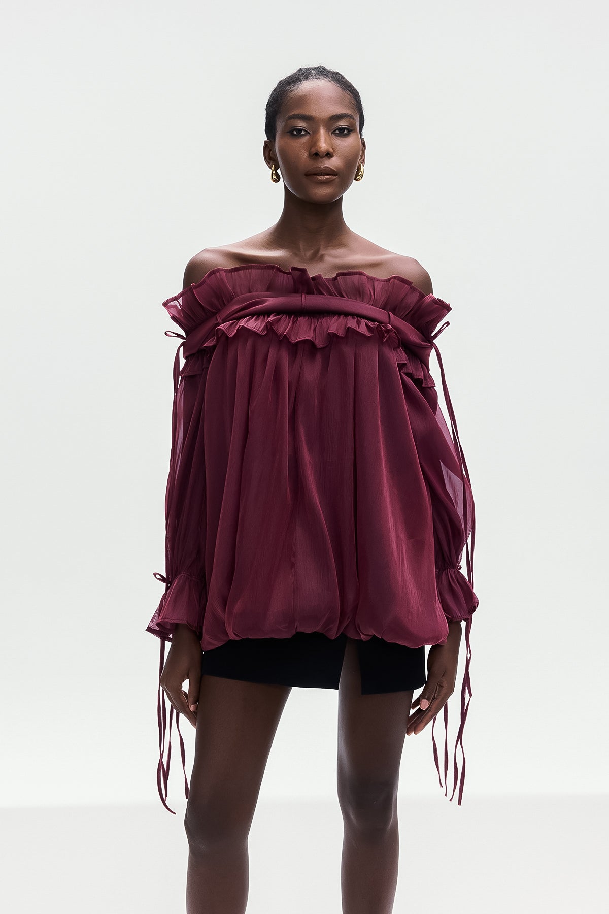 Aneirin Off Shoulder Mesh Ruffle Top In Red