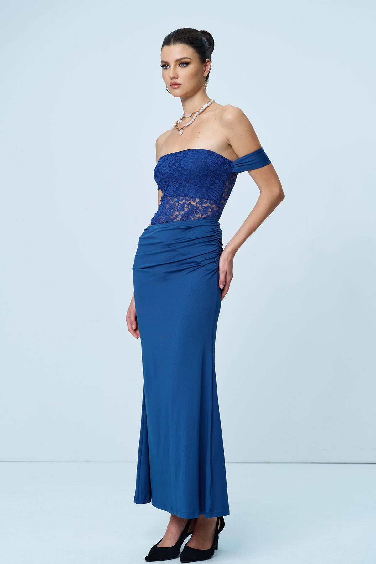 Aniol Strapless Lace Ruch Maxi Dress