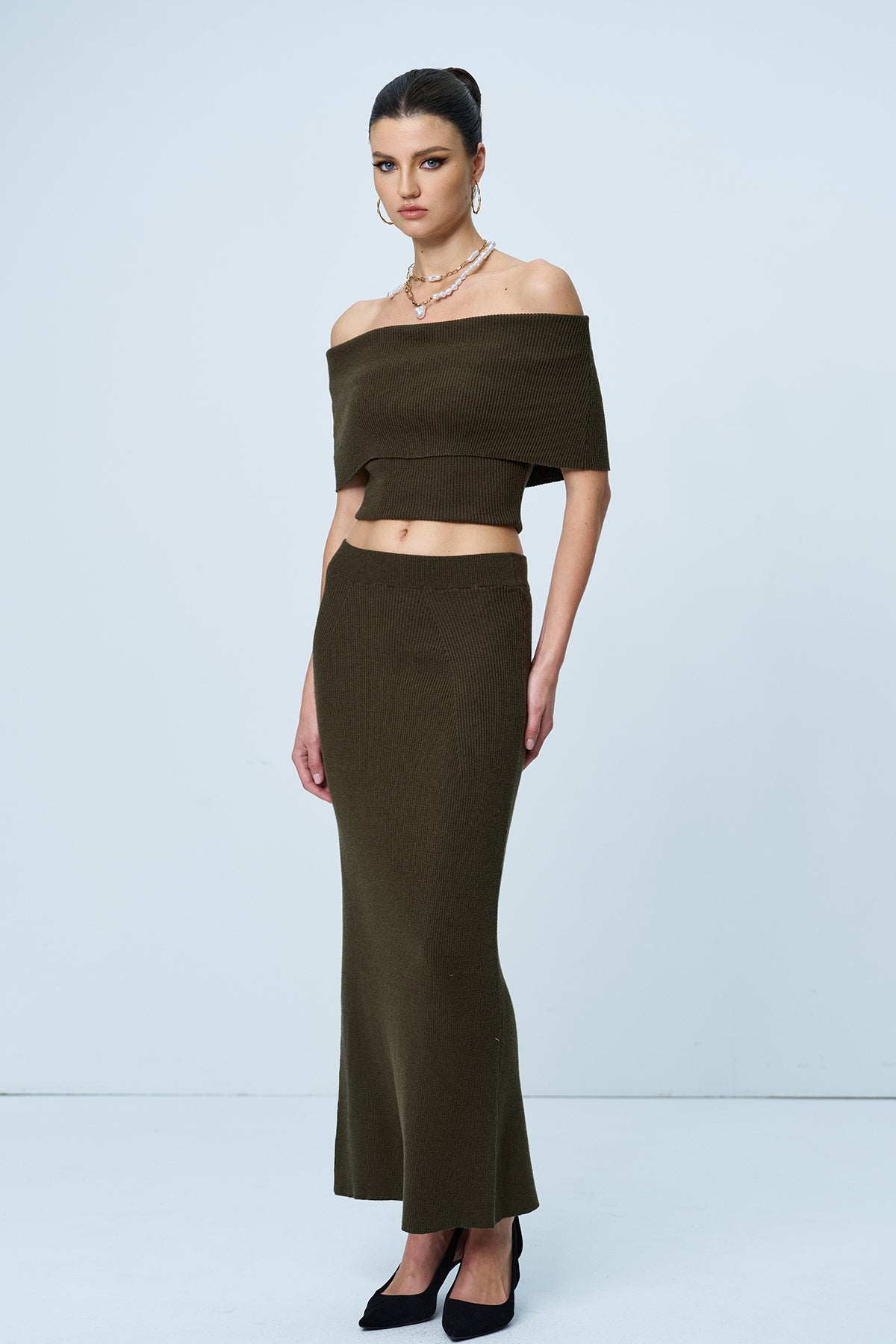 Aniston Strapless Ruch Split Knit Skirt Set In Green