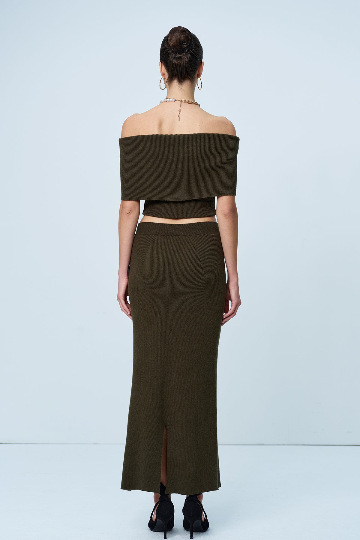 Aniston Strapless Ruch Split Knit Skirt Set In Green