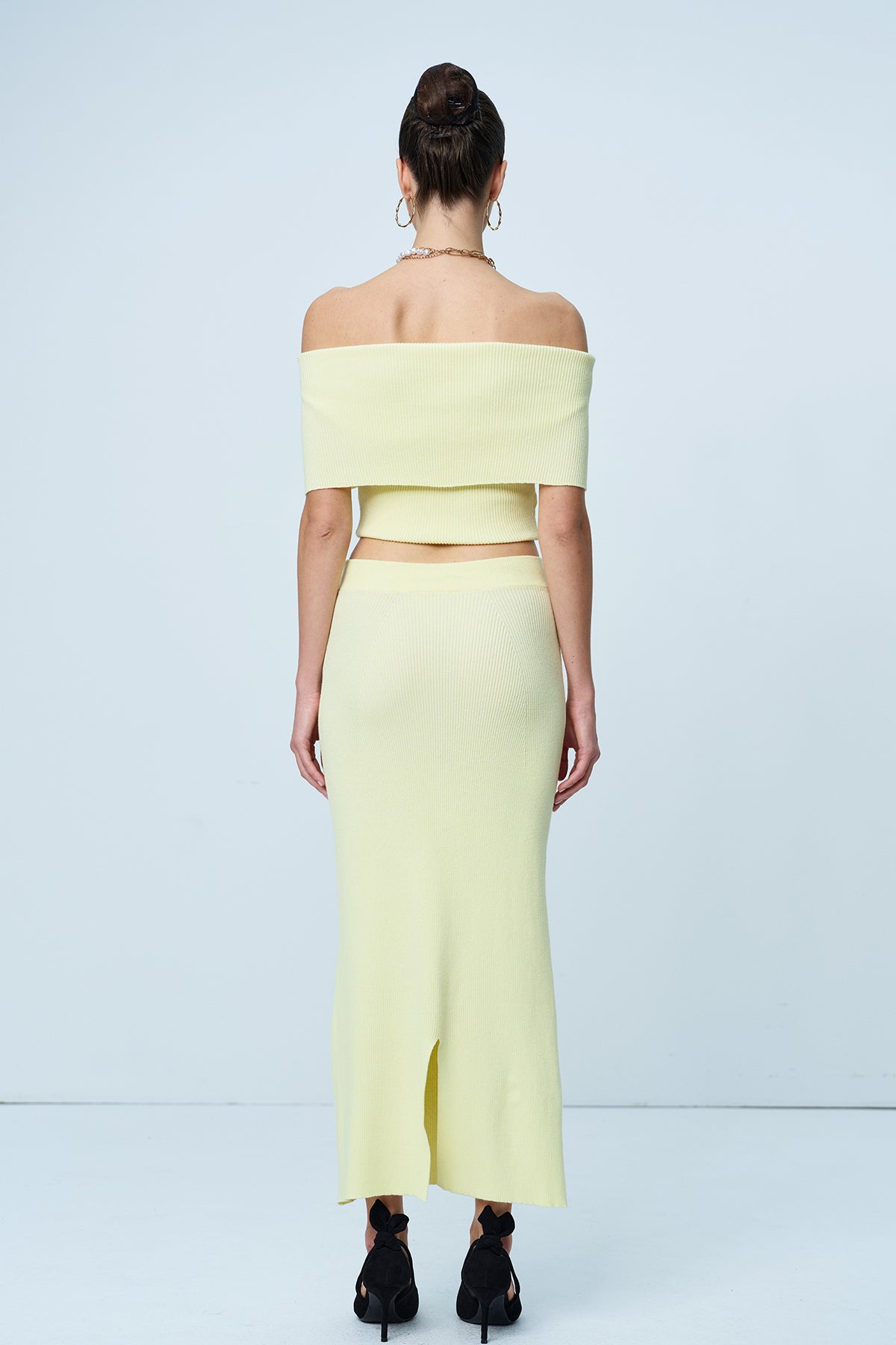 Aniston Strapless Ruch Split Knit Skirt Set In Yellow