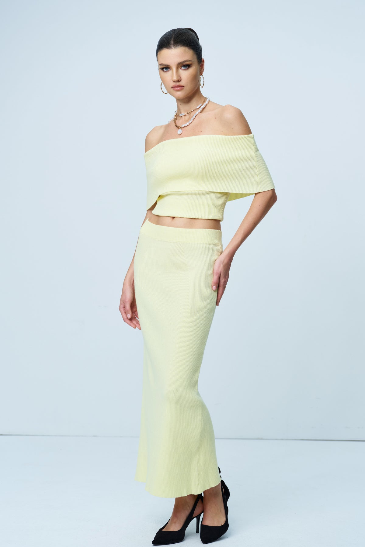 Aniston Strapless Ruch Split Knit Skirt Set In Yellow
