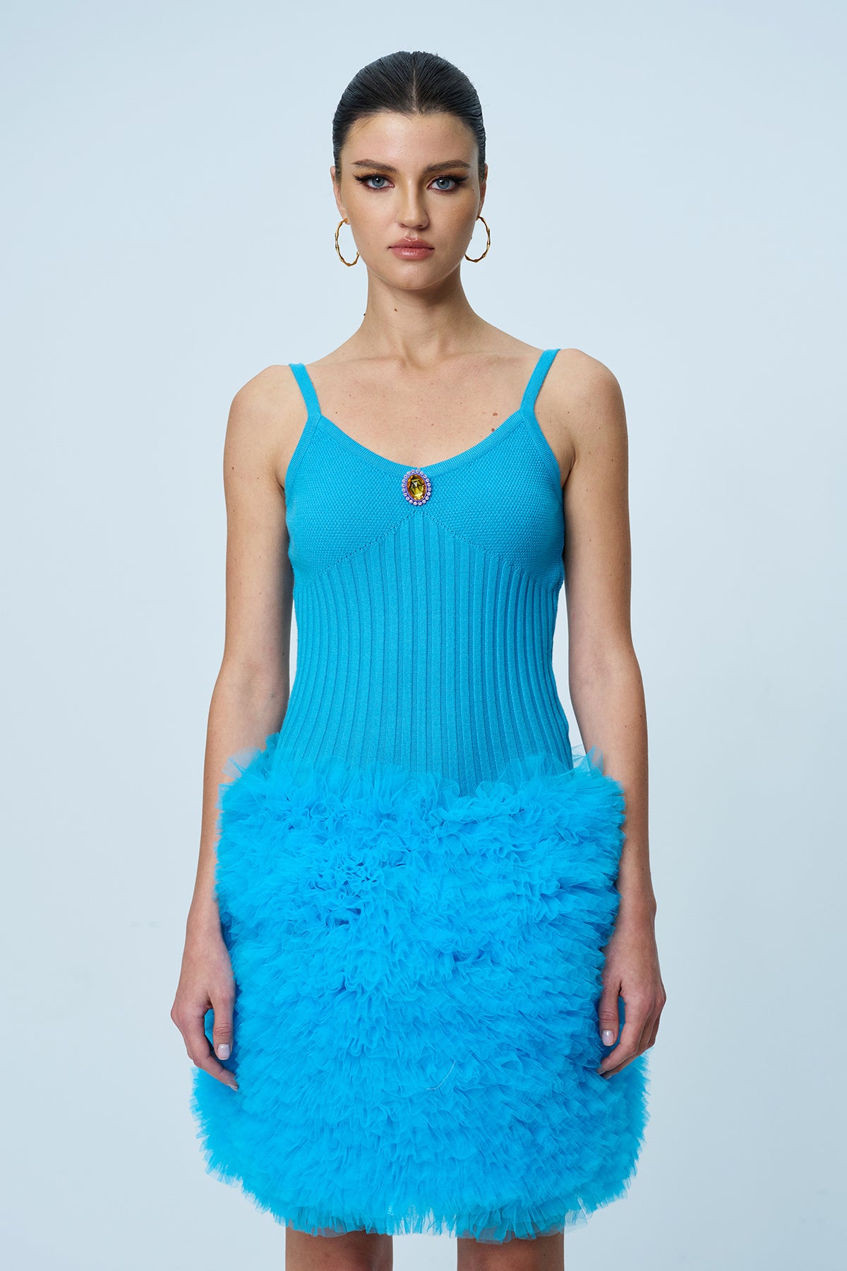 Anita Mesh Ruch Spaghetti Knit Mini Dress