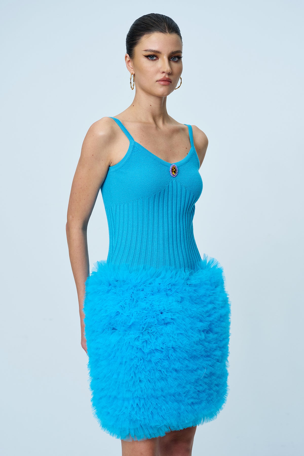 Anita Mesh Ruch Spaghetti Knit Mini Dress