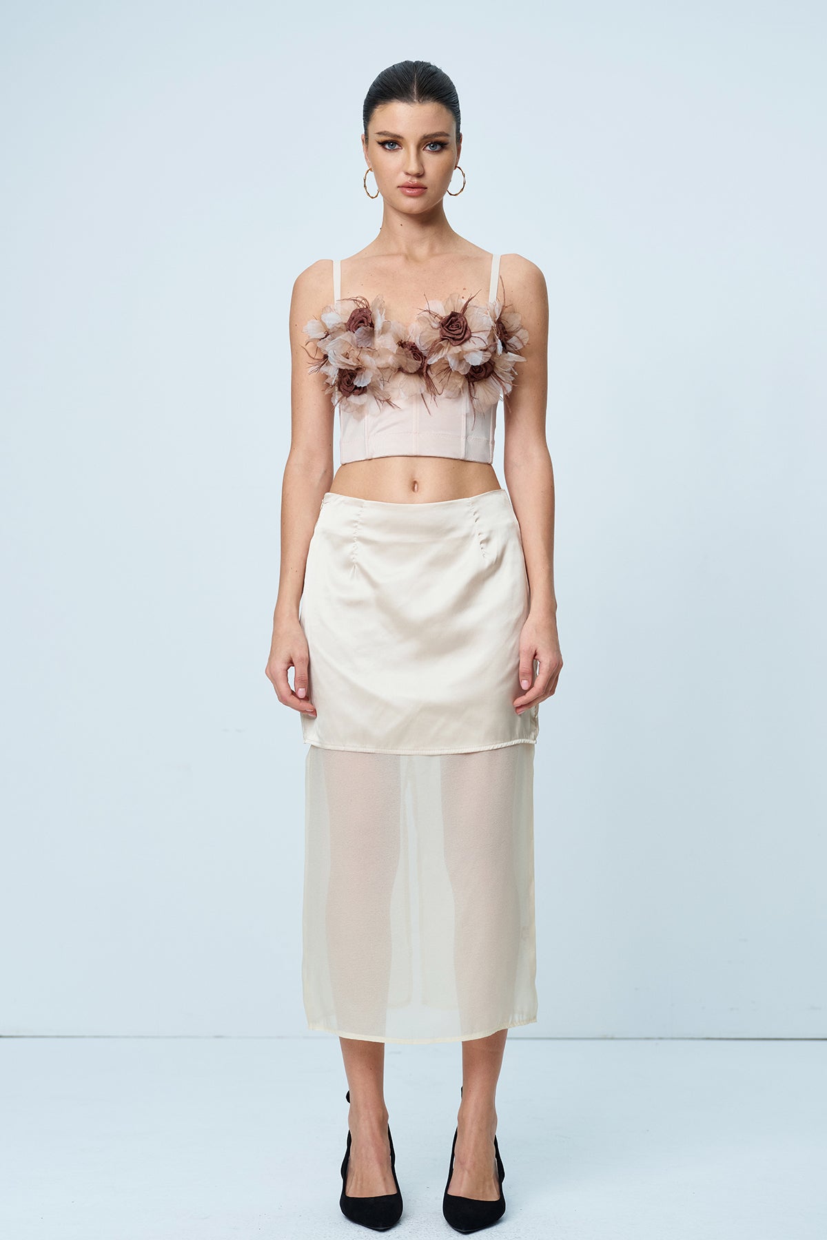 Anjali Flower Corset Spaghetti Top In Apricot