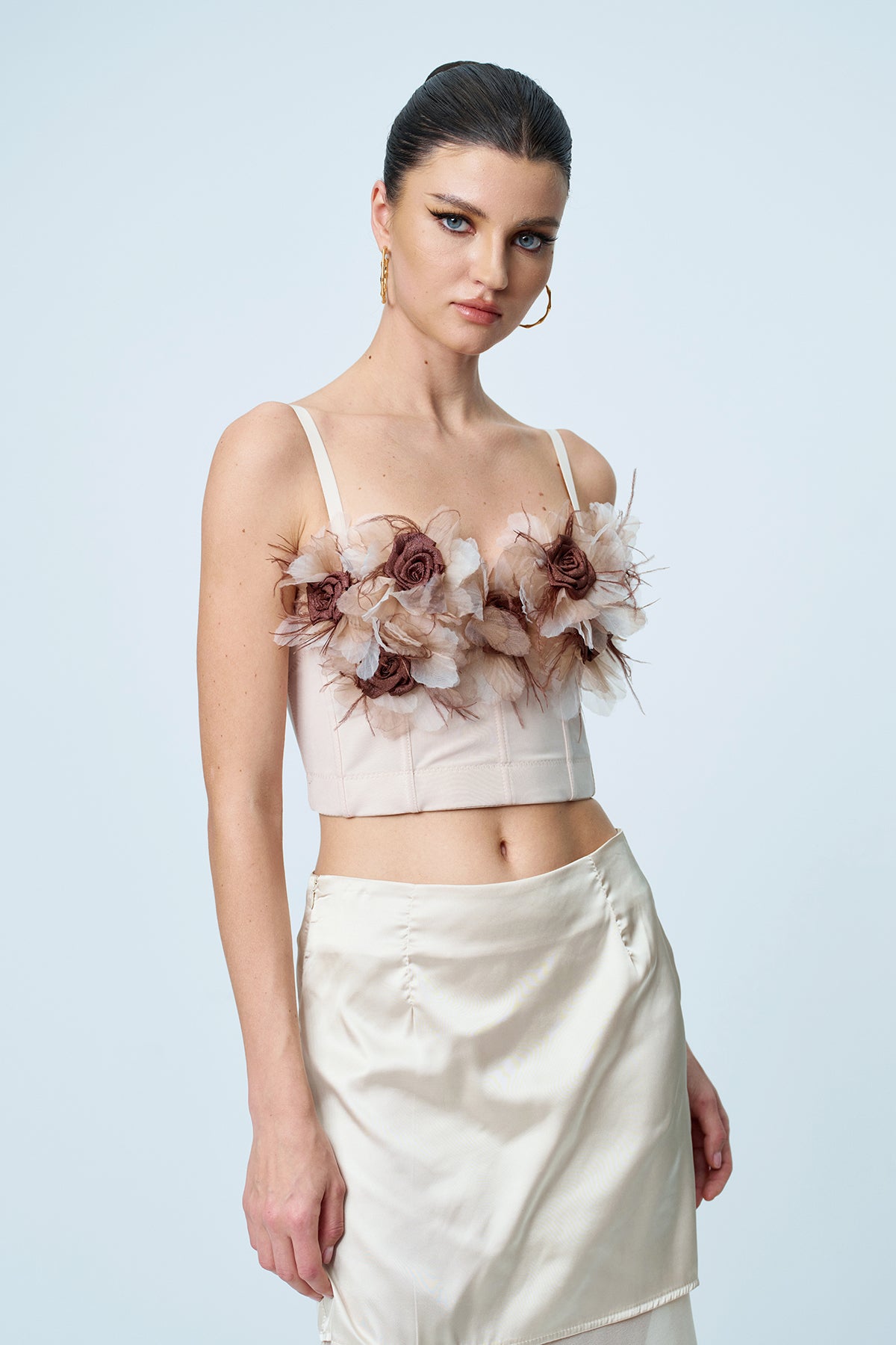 Anjali Flower Corset Spaghetti Top In Apricot