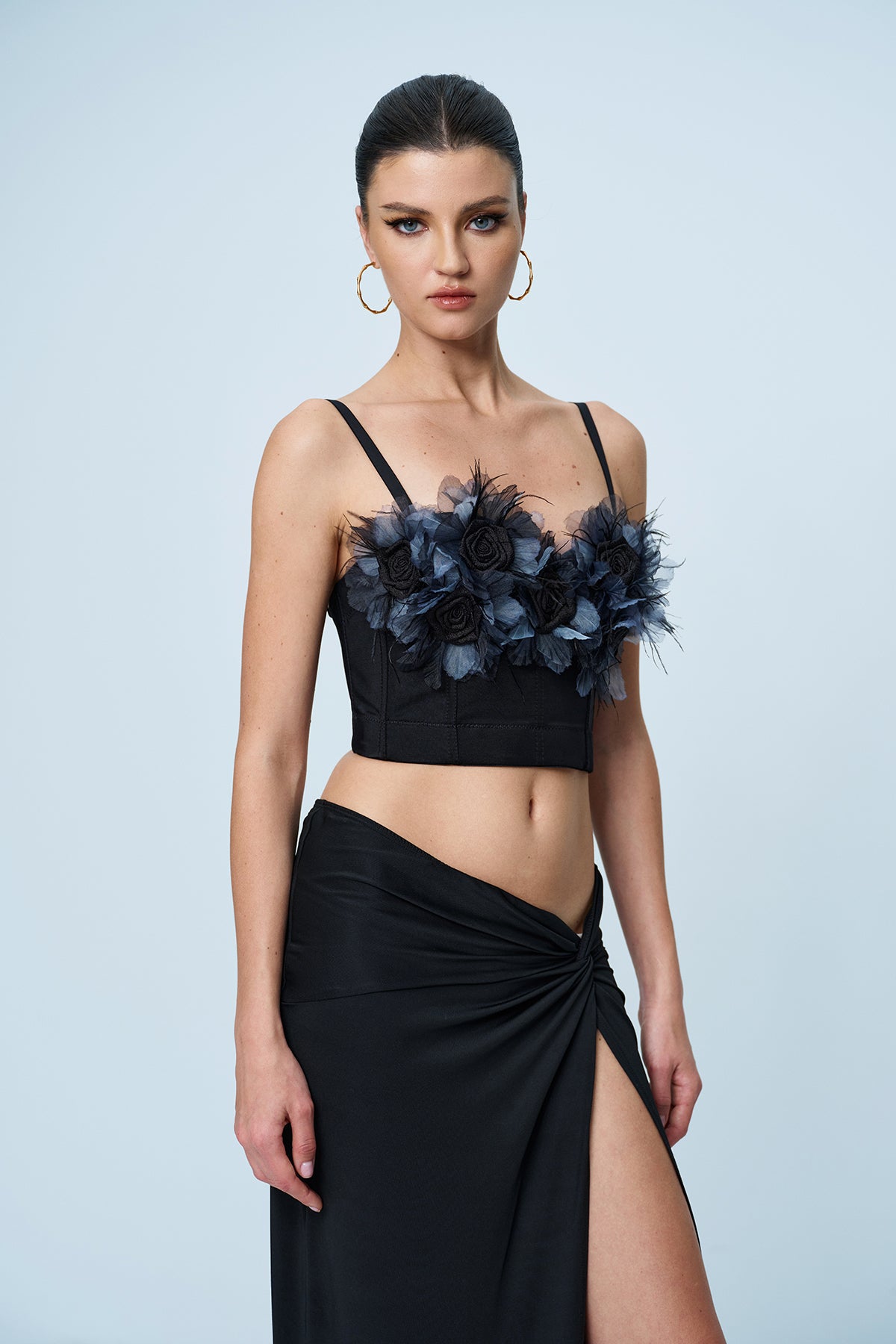 Anjali Flower Corset Spaghetti Top In Black