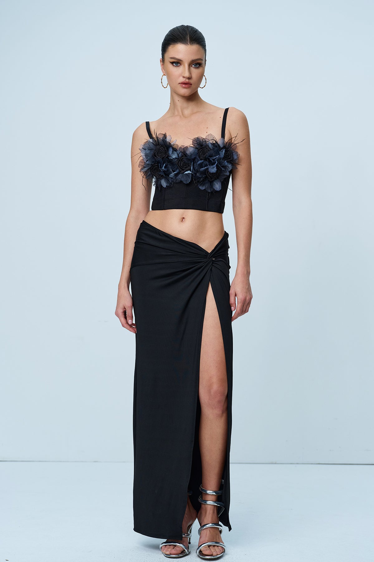 Anjali Flower Corset Spaghetti Top In Black