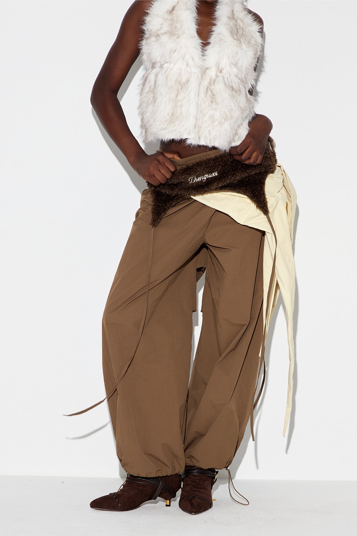 Anouk Asymmetric Faux Fur Barrel Pants