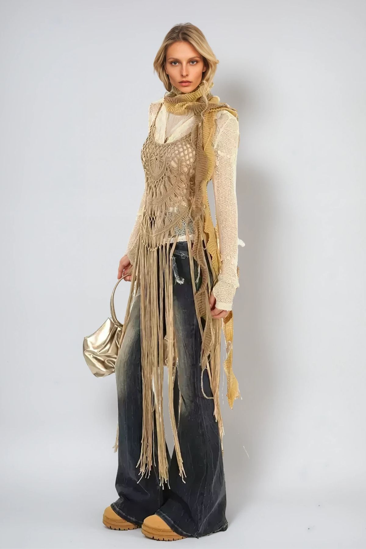 Anra¨ª Cutout Fringe Knit Top