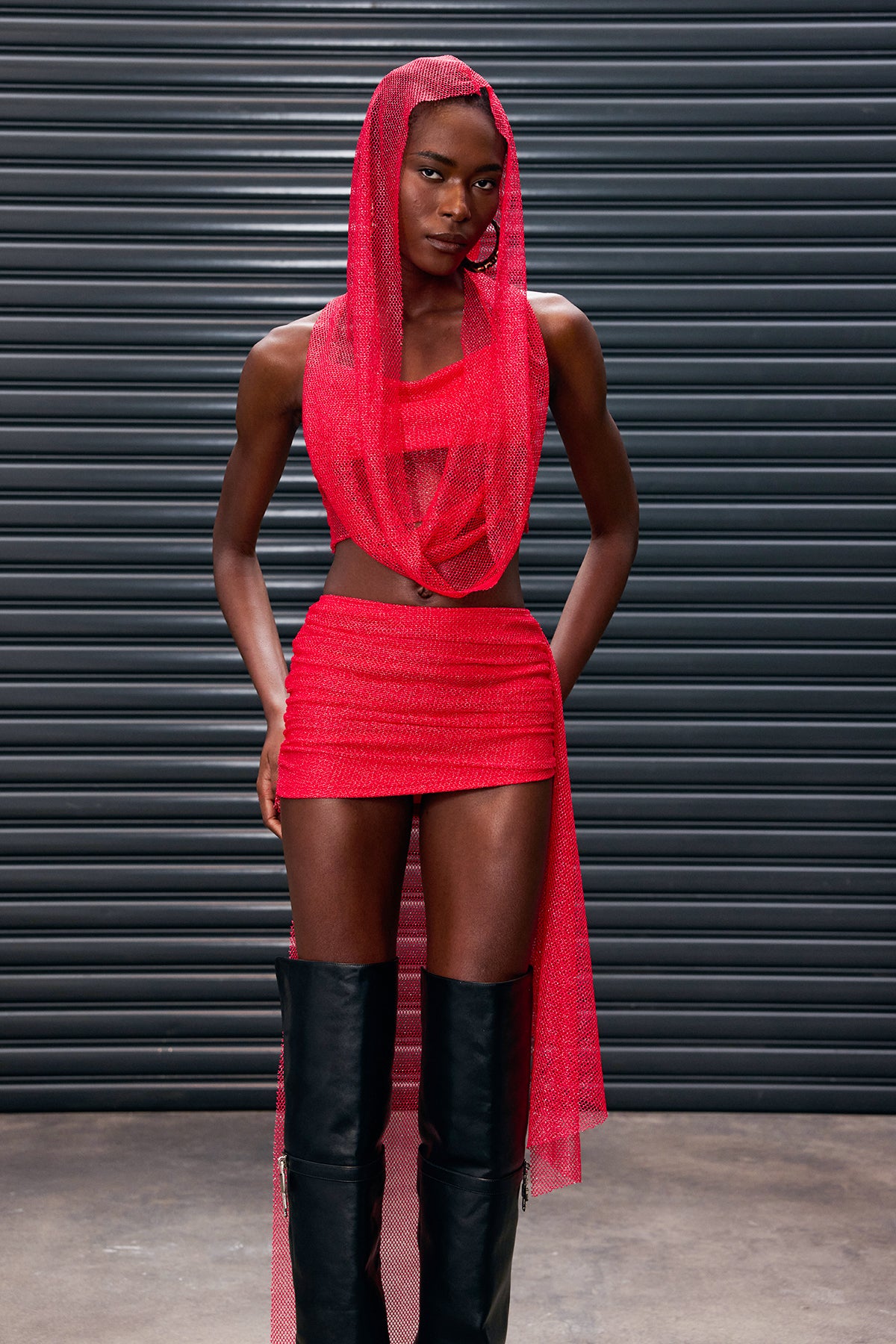 Anthony Mesh Hooded Ruch Skirt Set