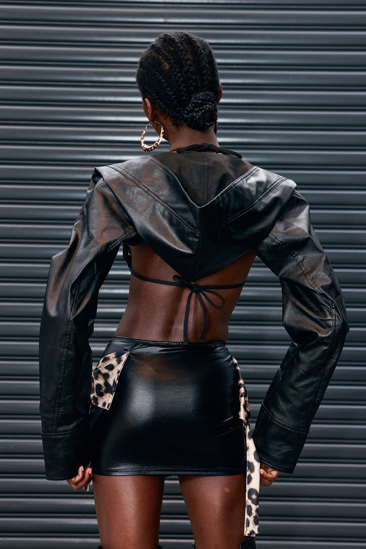 Antiope Hooded Asymmetric Crop Leather Jacket