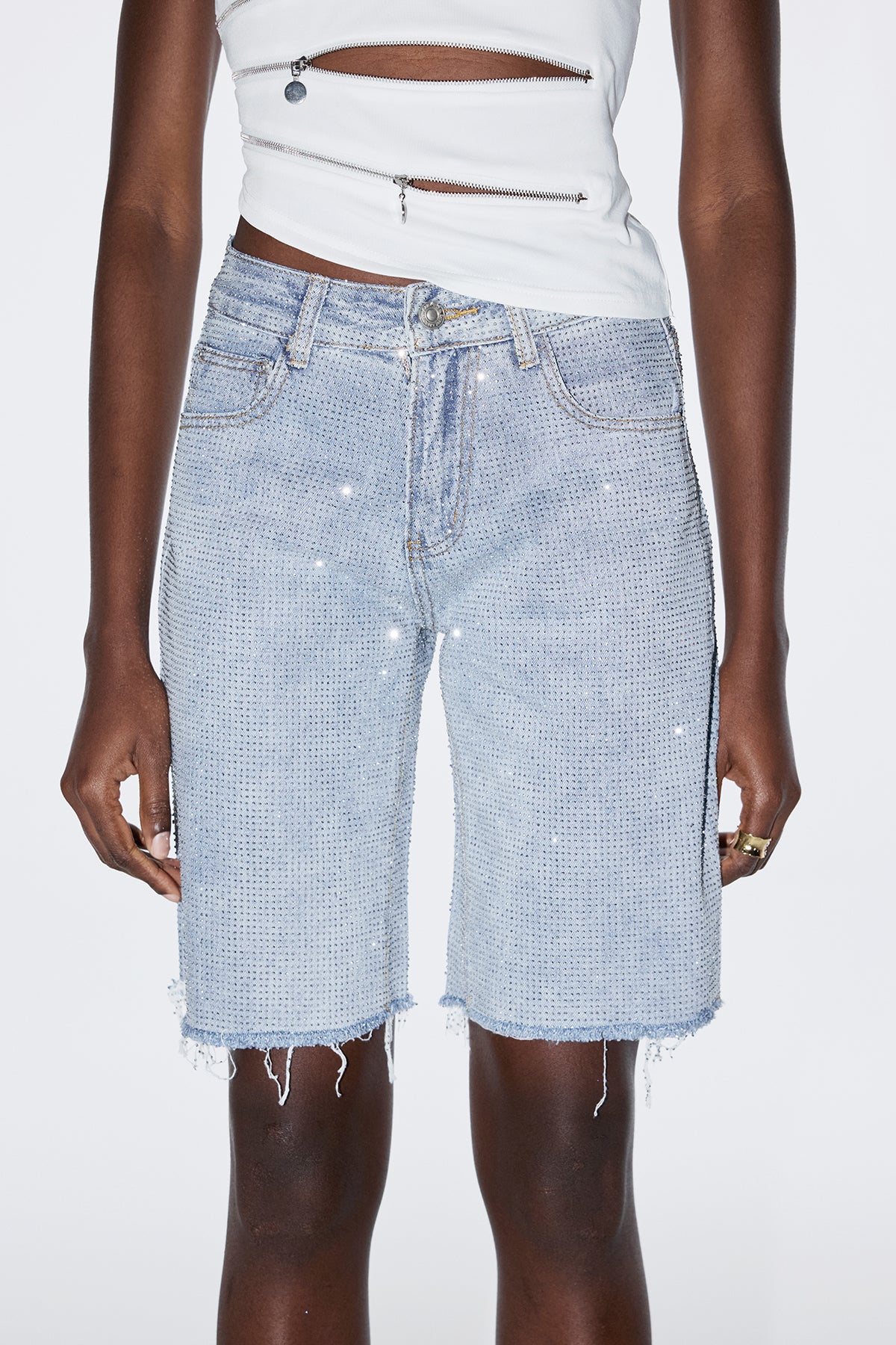 Antonio Rhinestone Fringe Short Jeans In Slight Blue