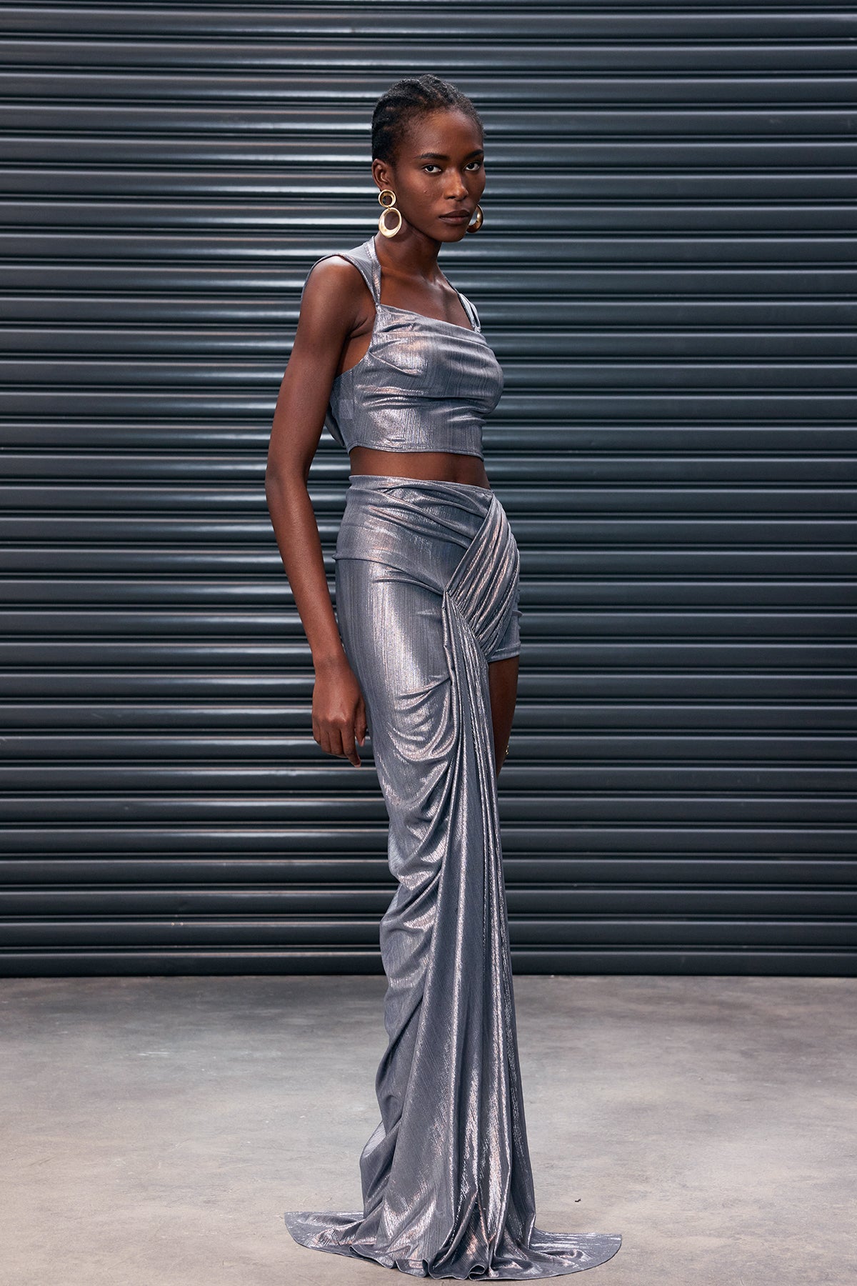 Anuradha Metallic Hooded Ruch Lace Up Skirt Set