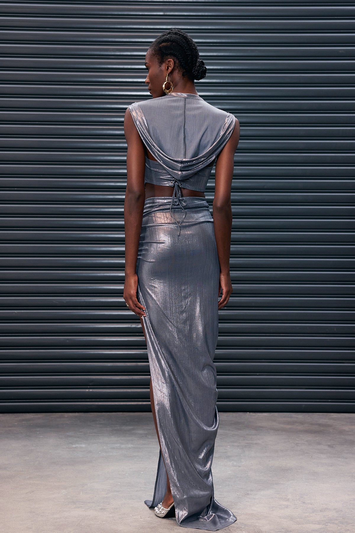 Anuradha Metallic Hooded Ruch Lace Up Skirt Set