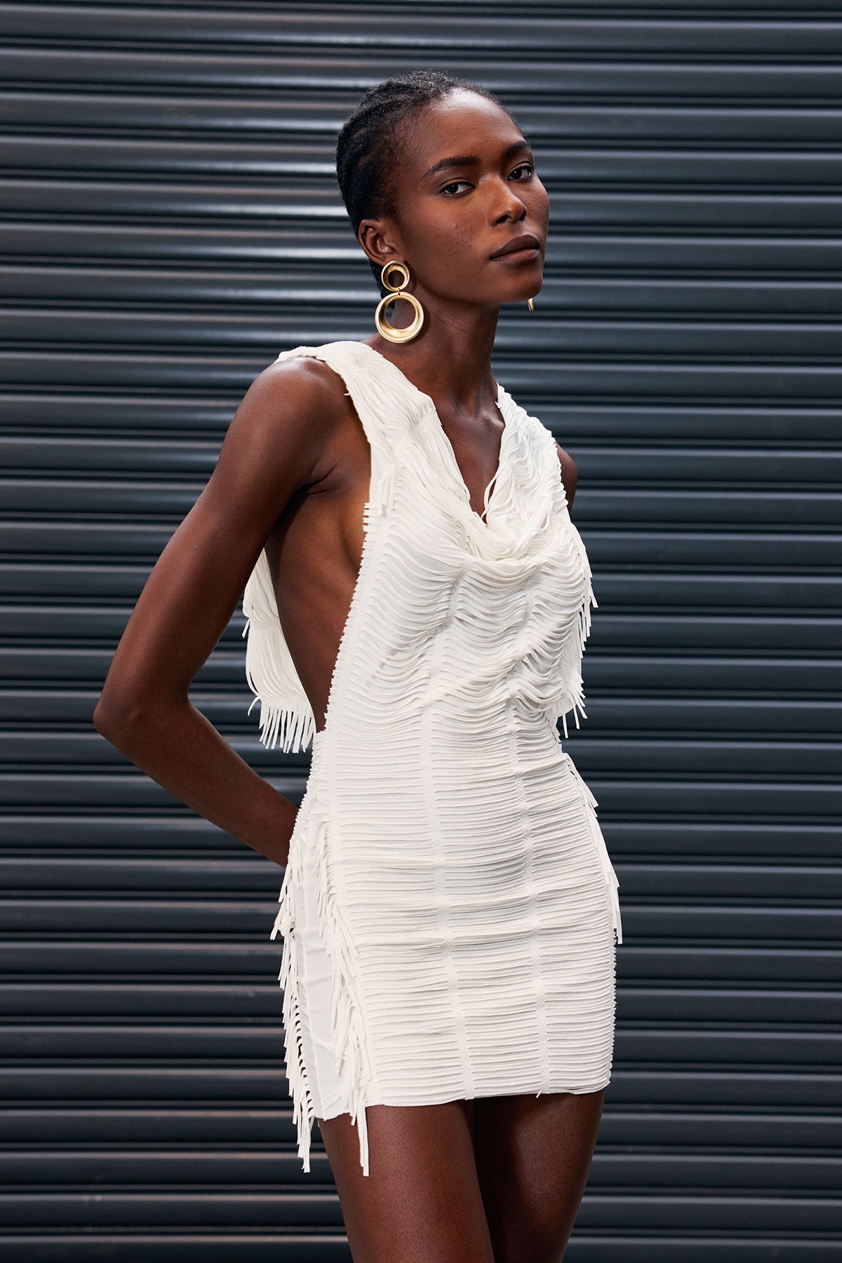 Anusha Fringe Hooded Backless Mini Dress