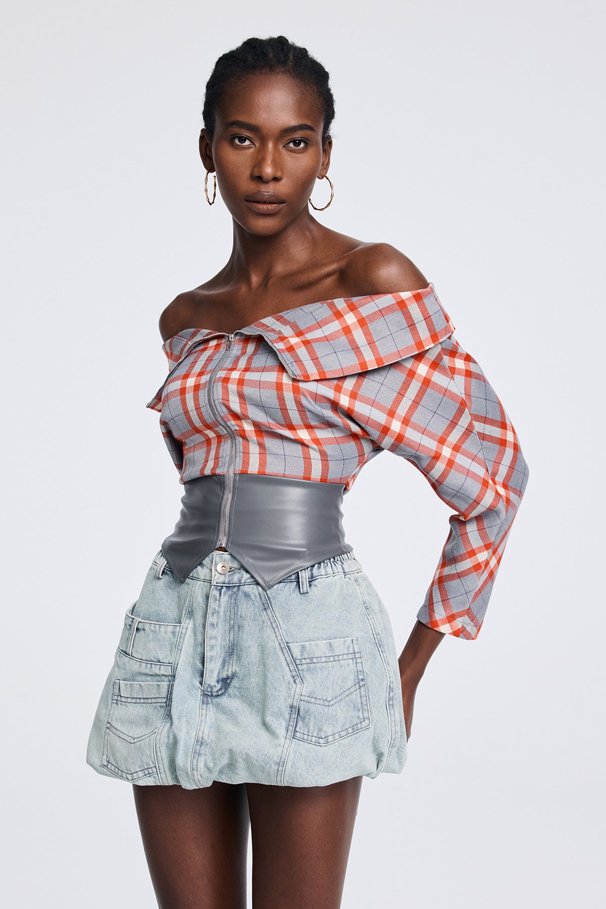 Aphrodite Grid Off Shoulder Deconstruct Top