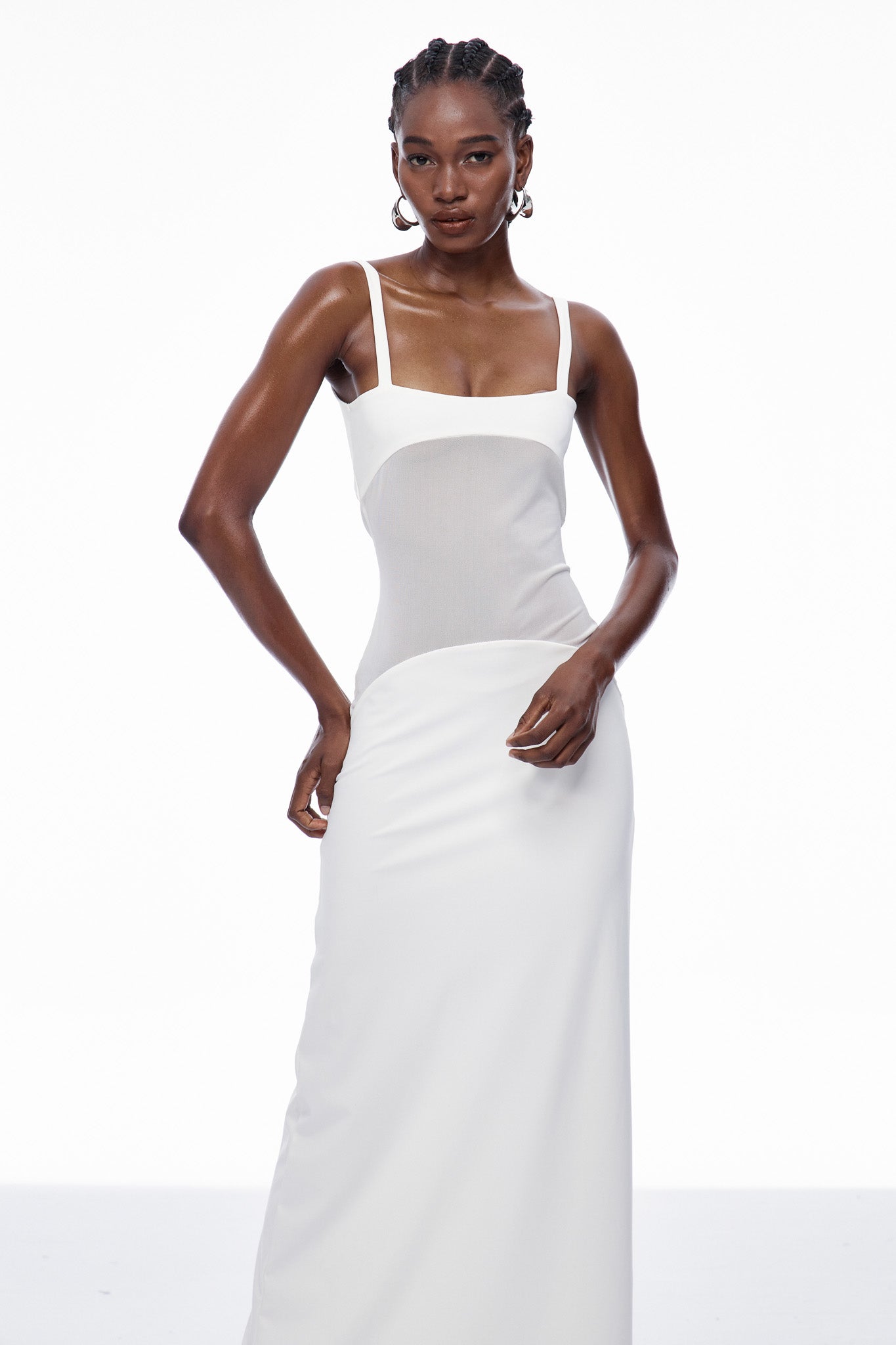 Aram Mesh Spaghetti Sleeveless Maxi Dress In White