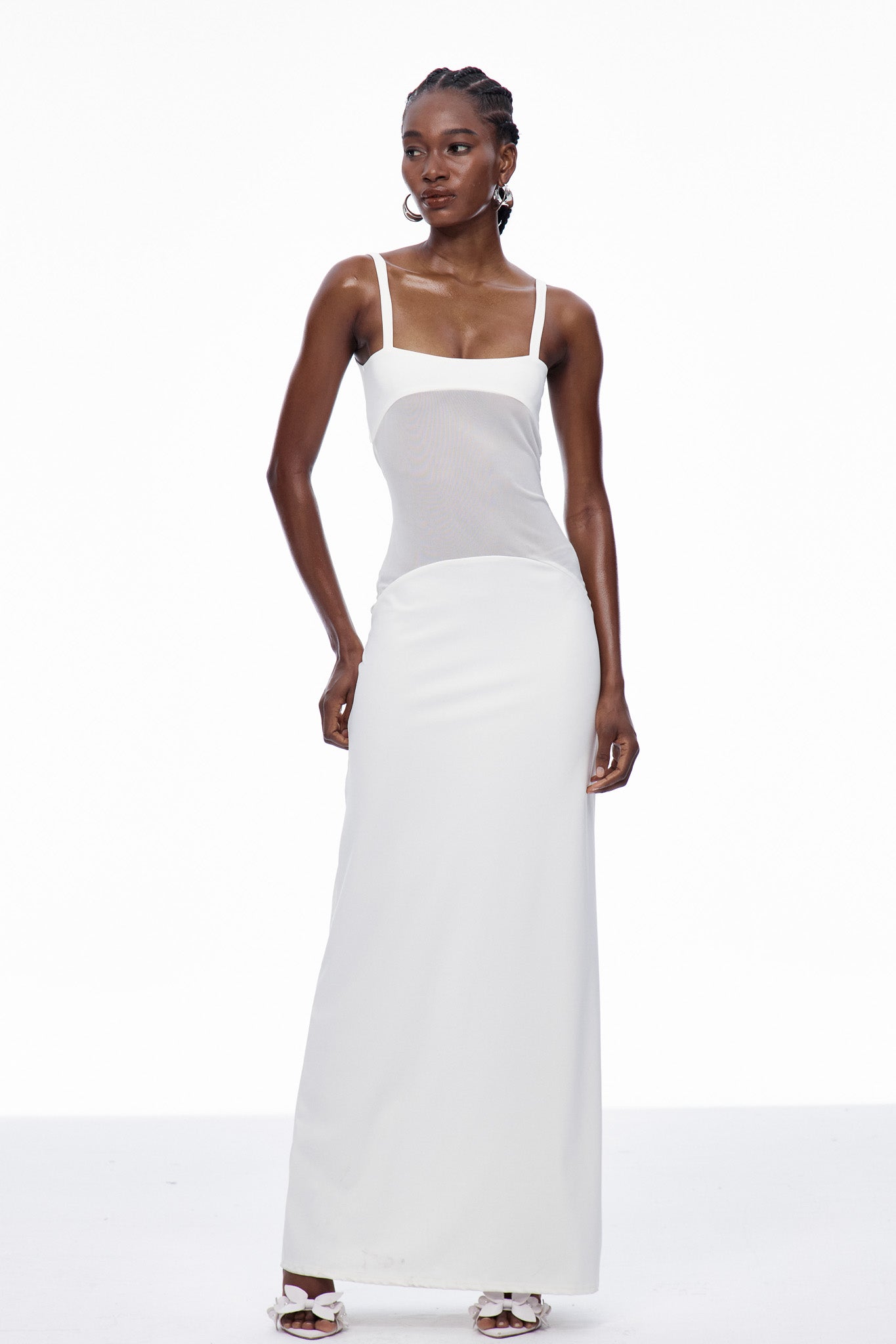 Aram Mesh Spaghetti Sleeveless Maxi Dress In White