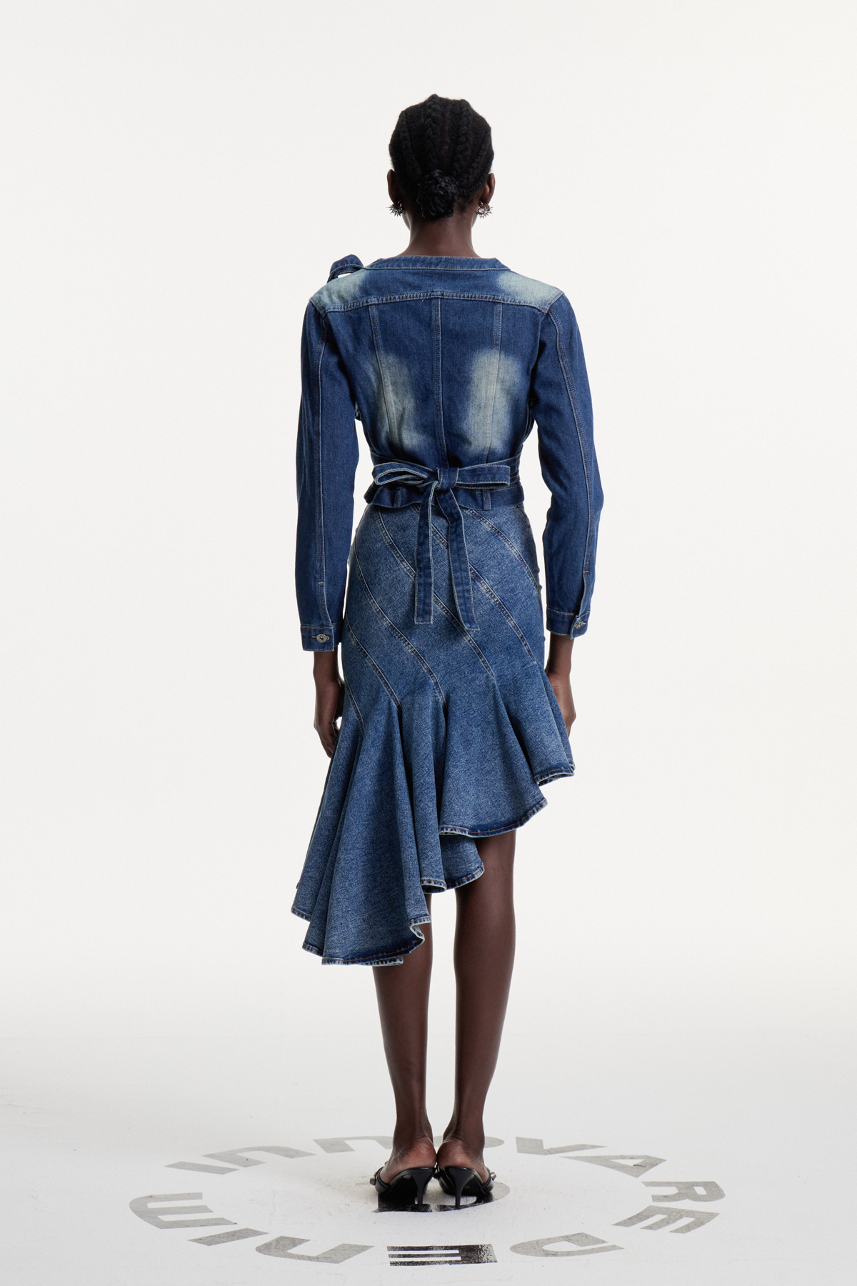 Colobert Asymmetric Ruffle Denim Midi Skirt