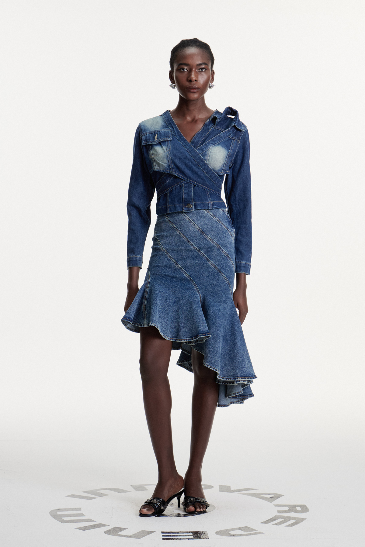 Colobert Asymmetric Ruffle Denim Midi Skirt