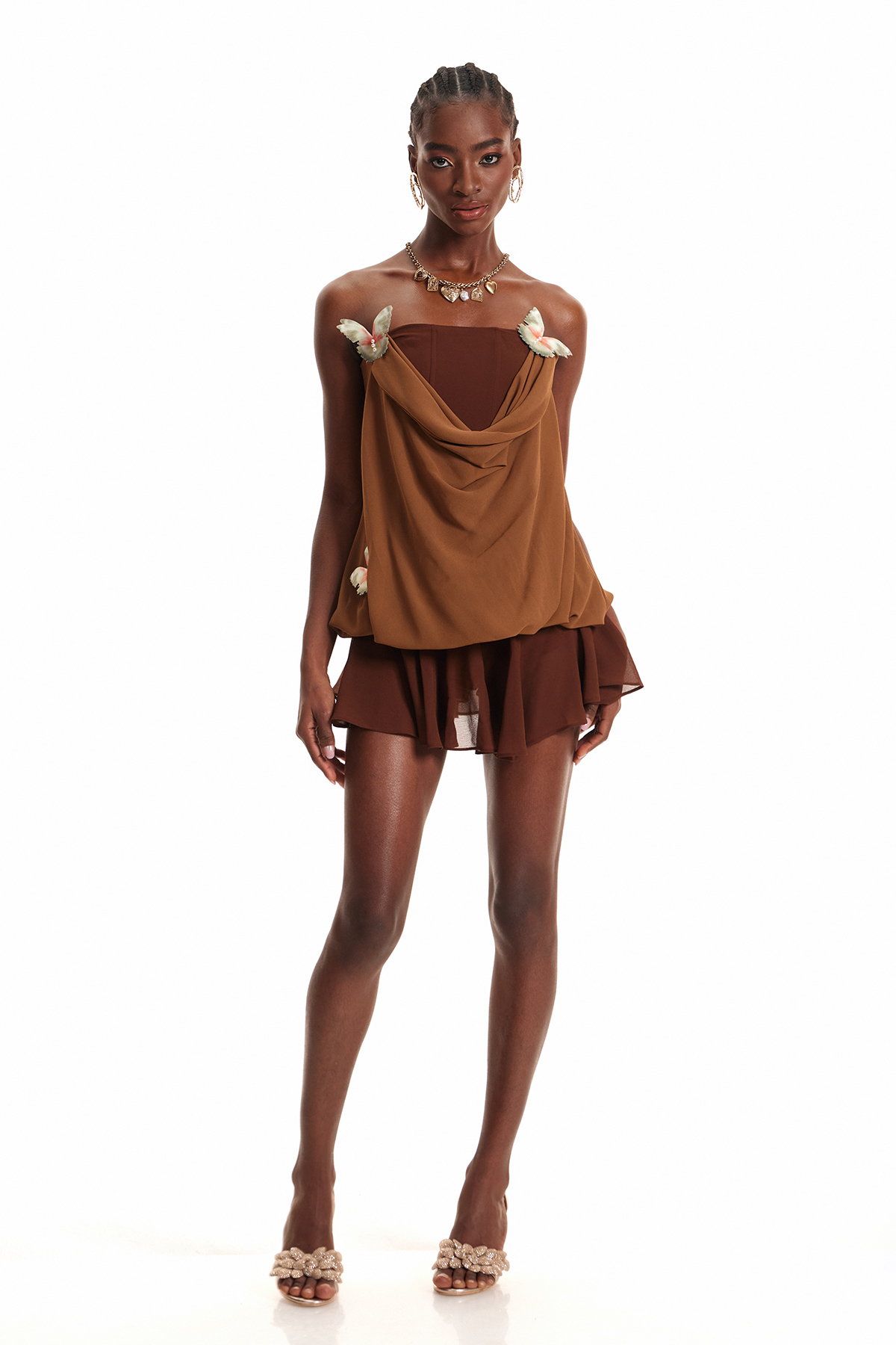 Ardelis Strapless Butterfly Mesh Ruffle Mini Dress