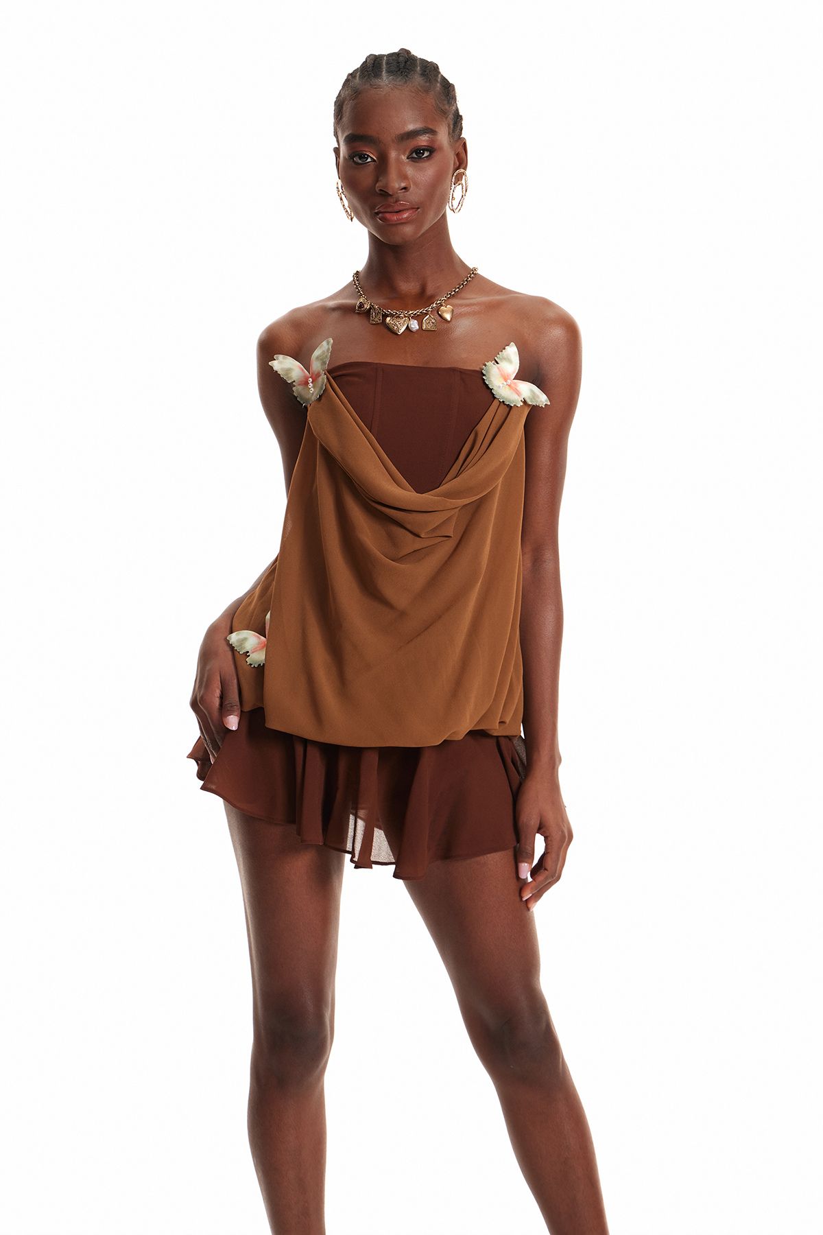 Ardelis Strapless Butterfly Mesh Ruffle Mini Dress