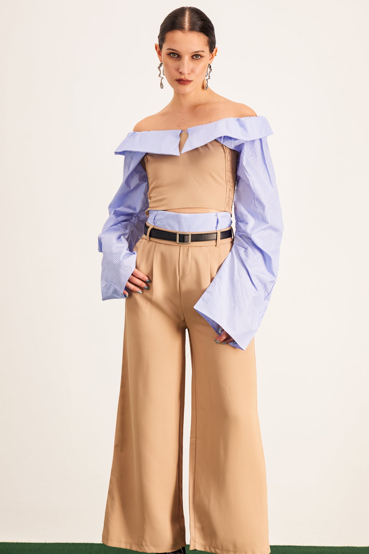 Ardice Off Shoulder Buckle Pants Set