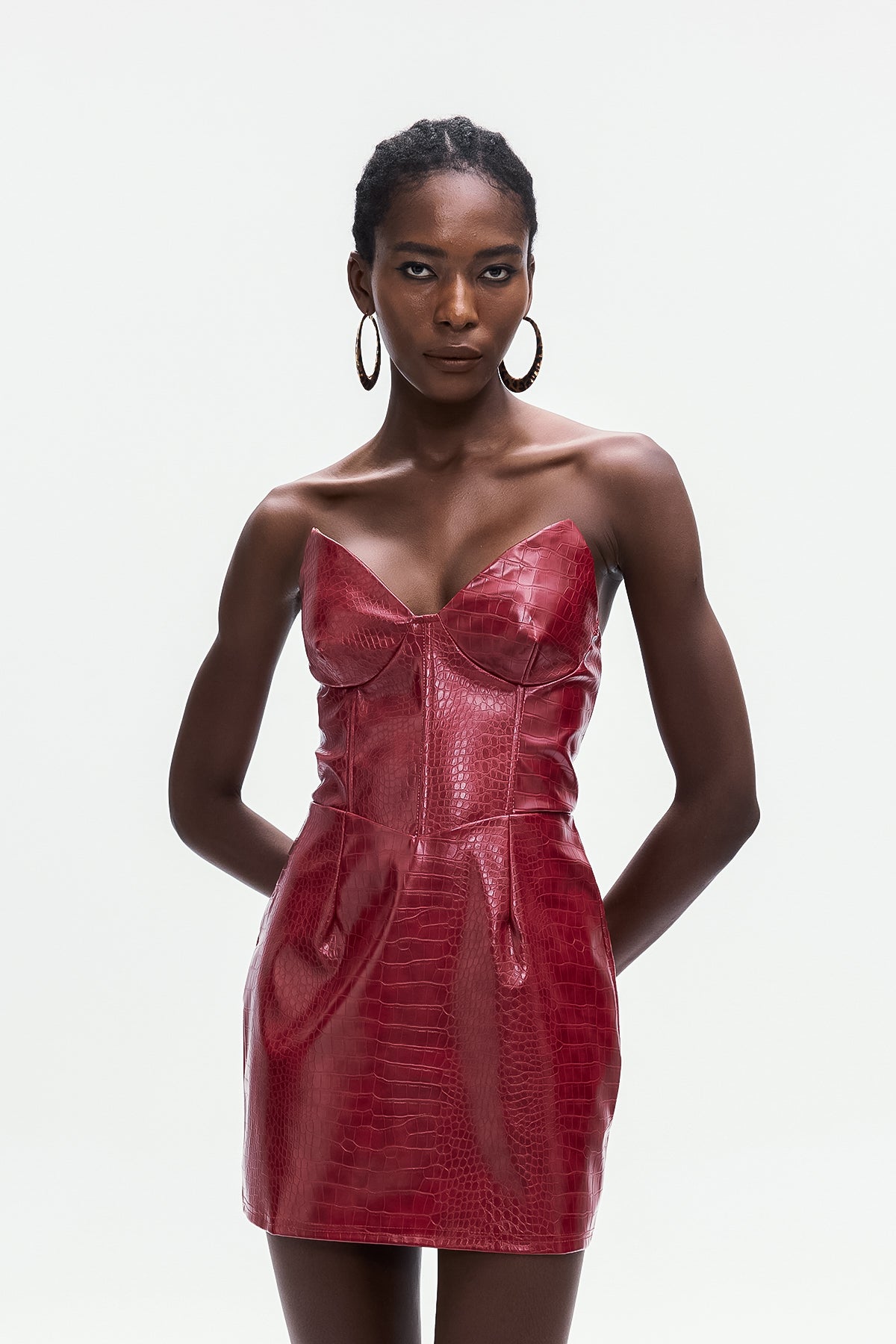 Ardin Crocodile Pattern Strapless Leather Mini Dress