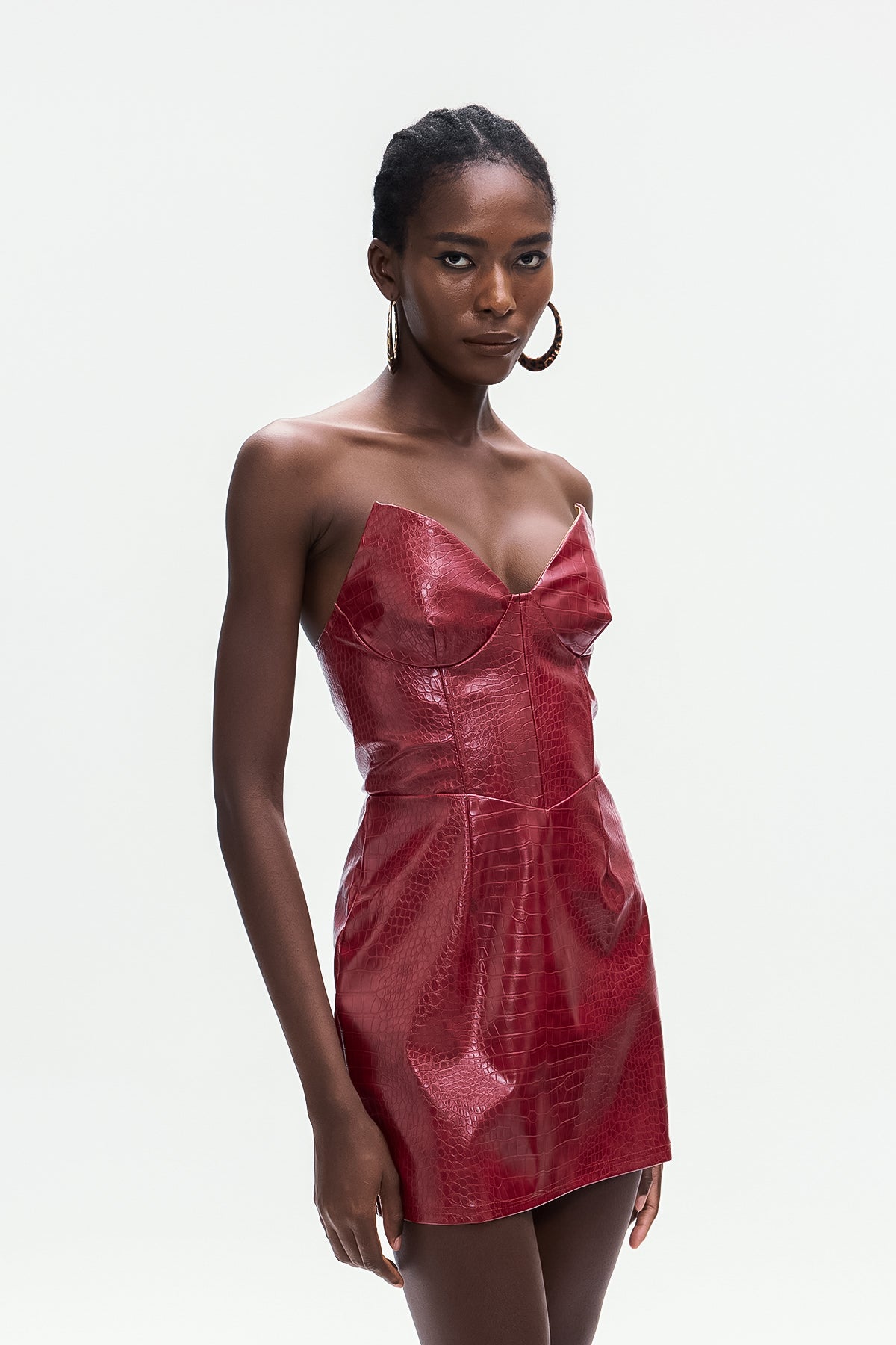 Ardin Crocodile Pattern Strapless Leather Mini Dress