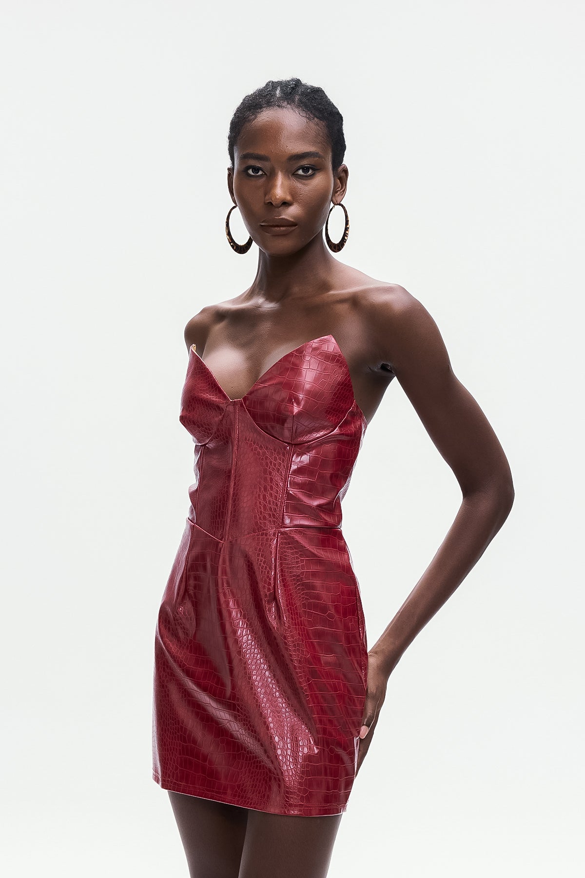 Ardin Crocodile Pattern Strapless Leather Mini Dress