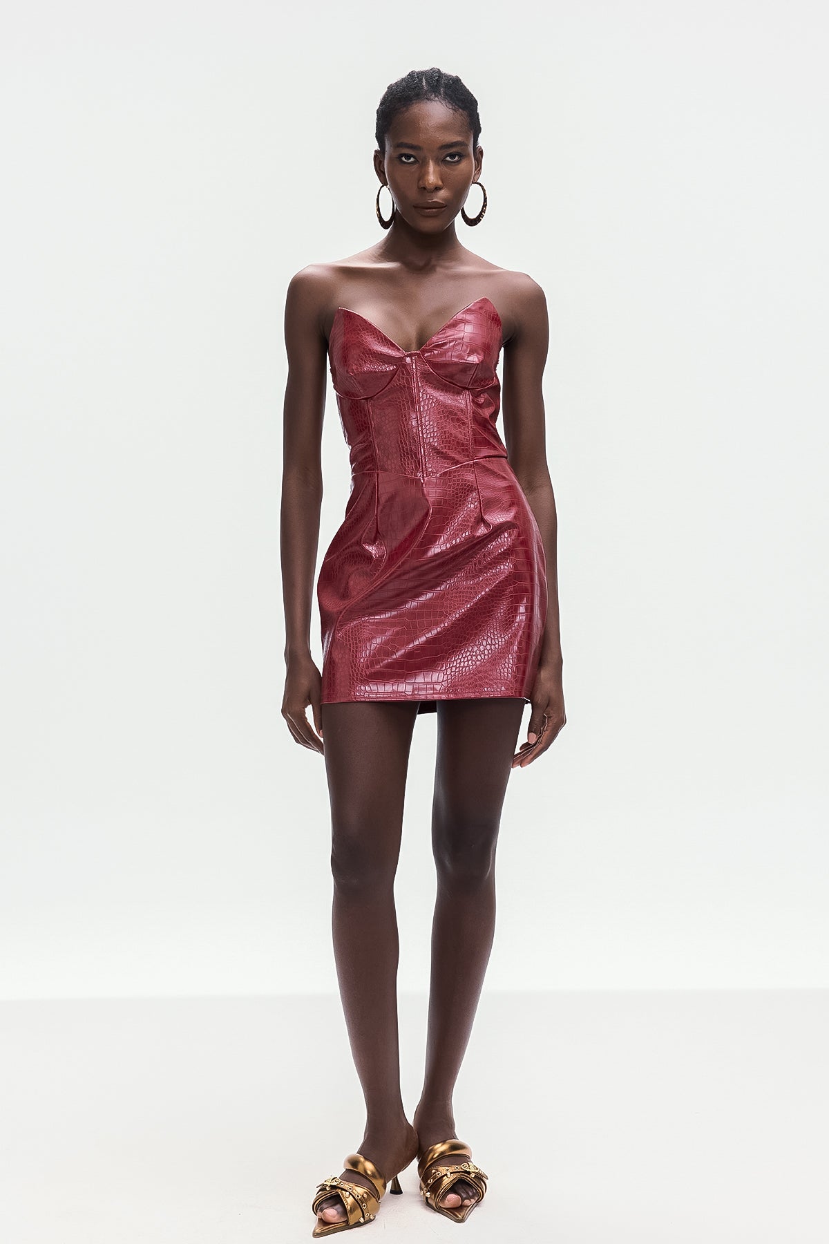 Ardin Crocodile Pattern Strapless Leather Mini Dress