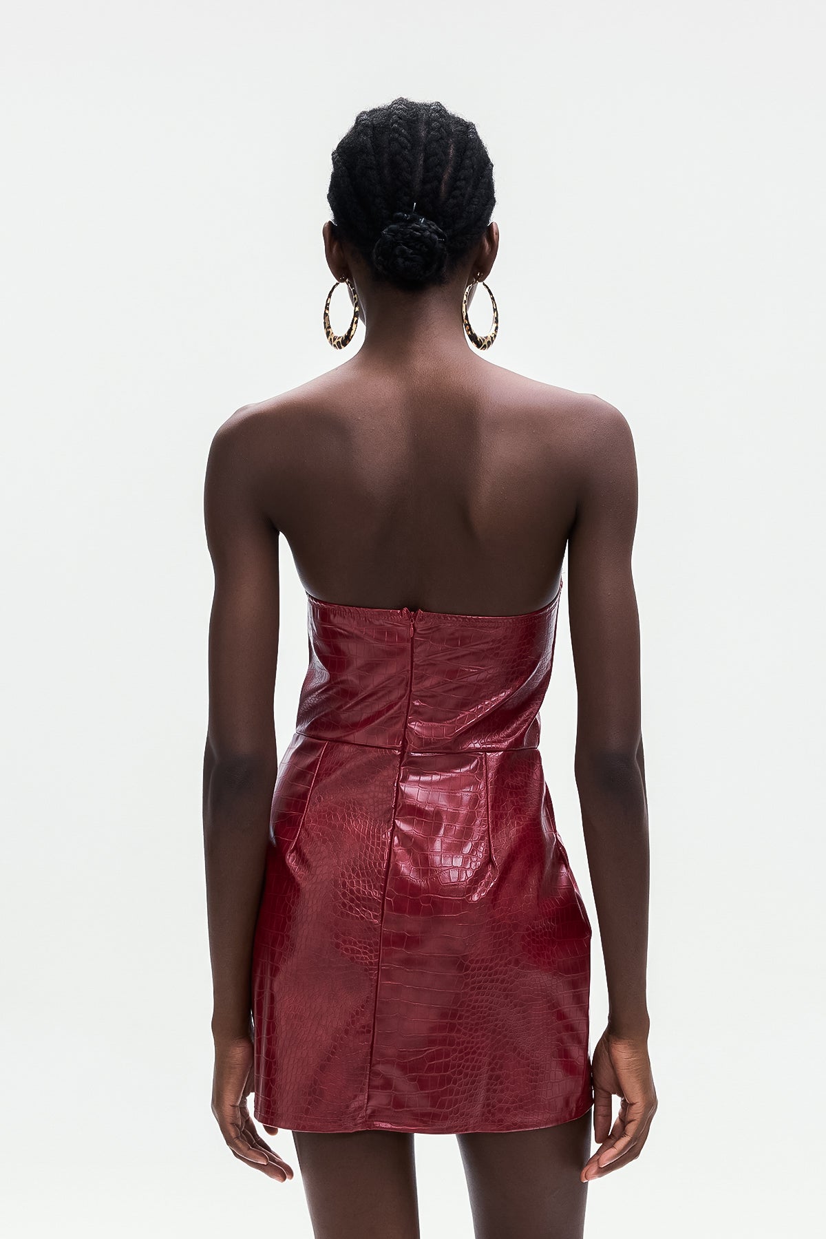 Ardin Crocodile Pattern Strapless Leather Mini Dress