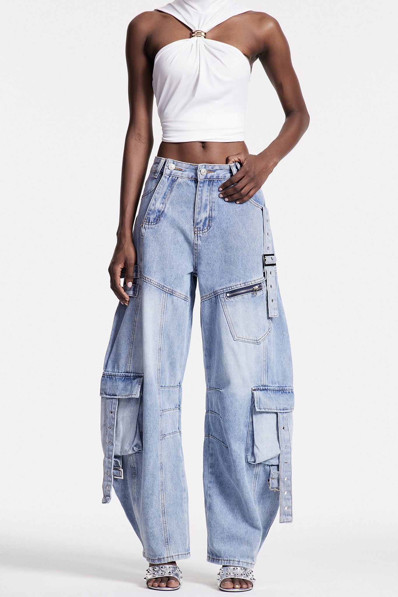 Arella Asymmetric Buckle Barrel Cargo Jeans In Blue