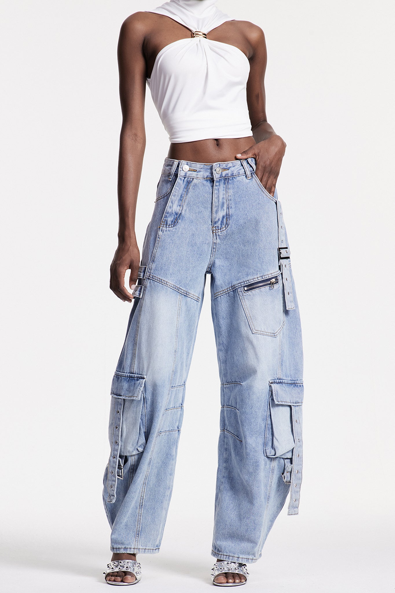 Arella Asymmetric Buckle Barrel Cargo Jeans In Blue