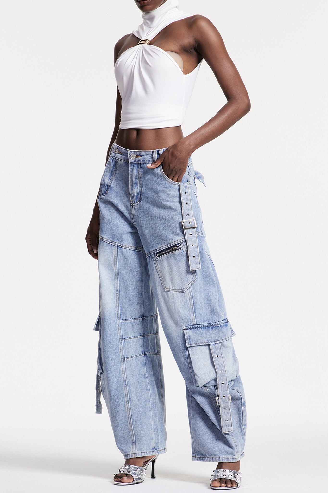 Arella Asymmetric Buckle Barrel Cargo Jeans In Blue