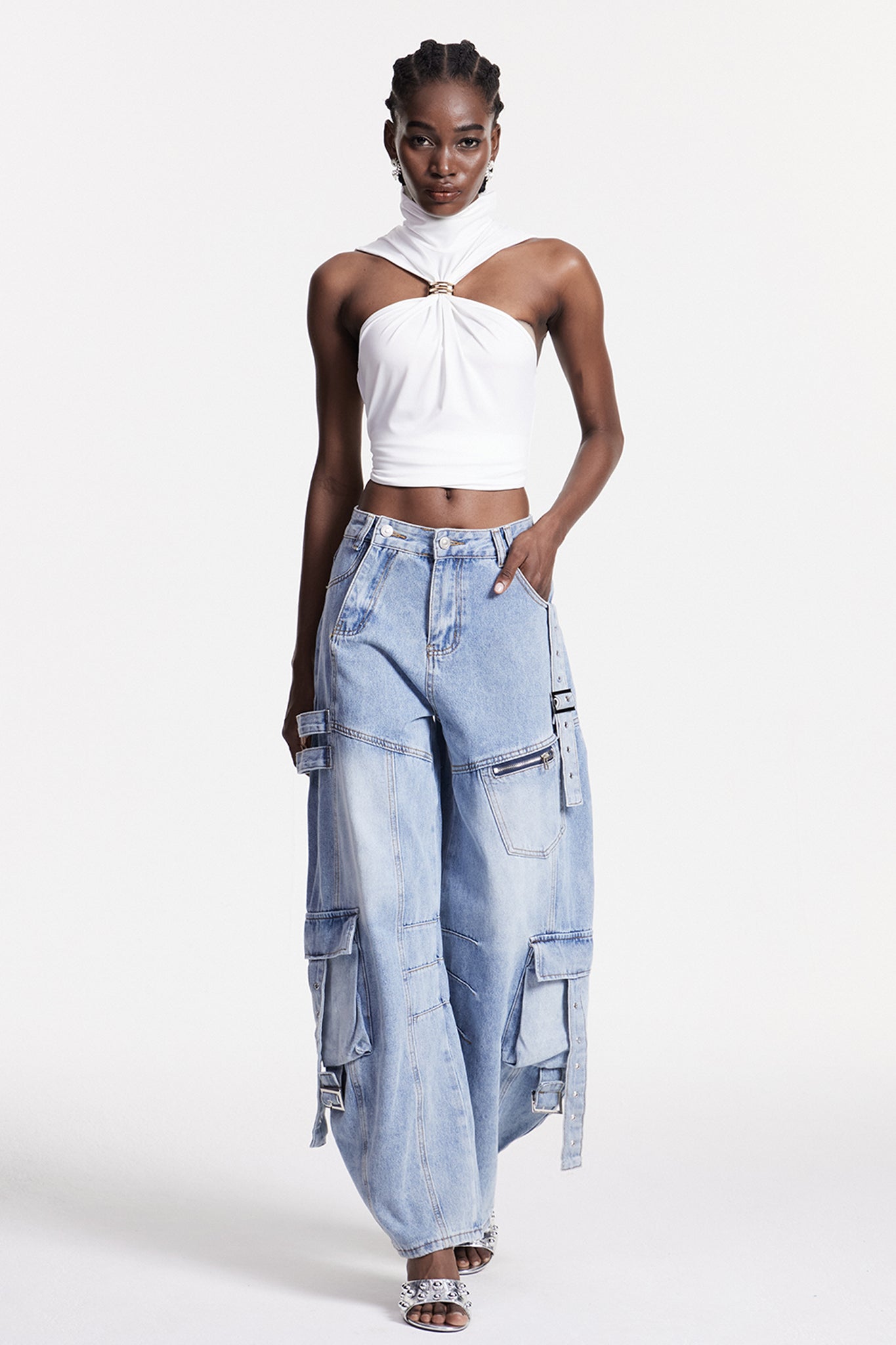 Arella Asymmetric Buckle Barrel Cargo Jeans In Blue