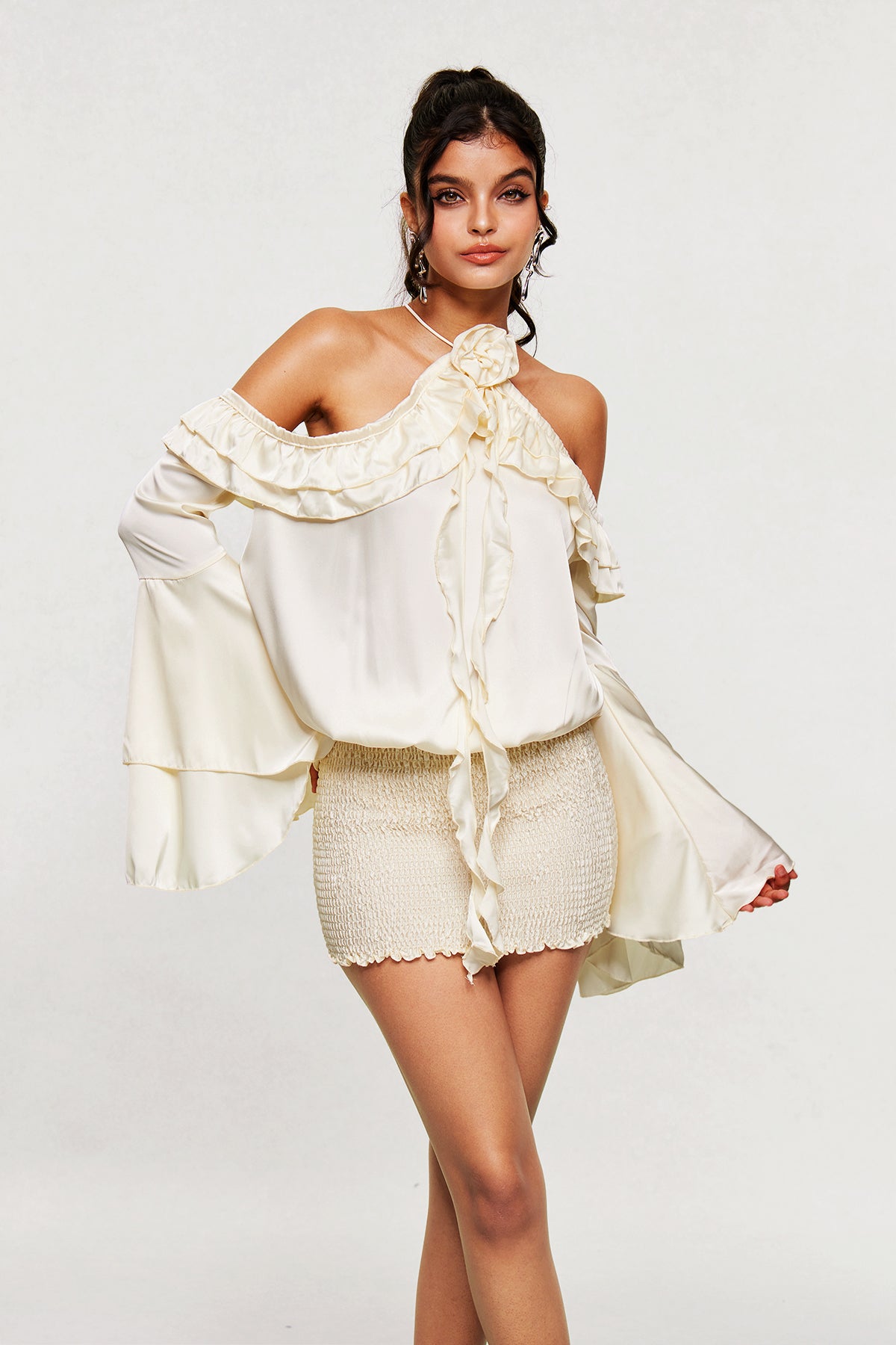 Arias Ruffle Off Shoulder Flower Mini Dress