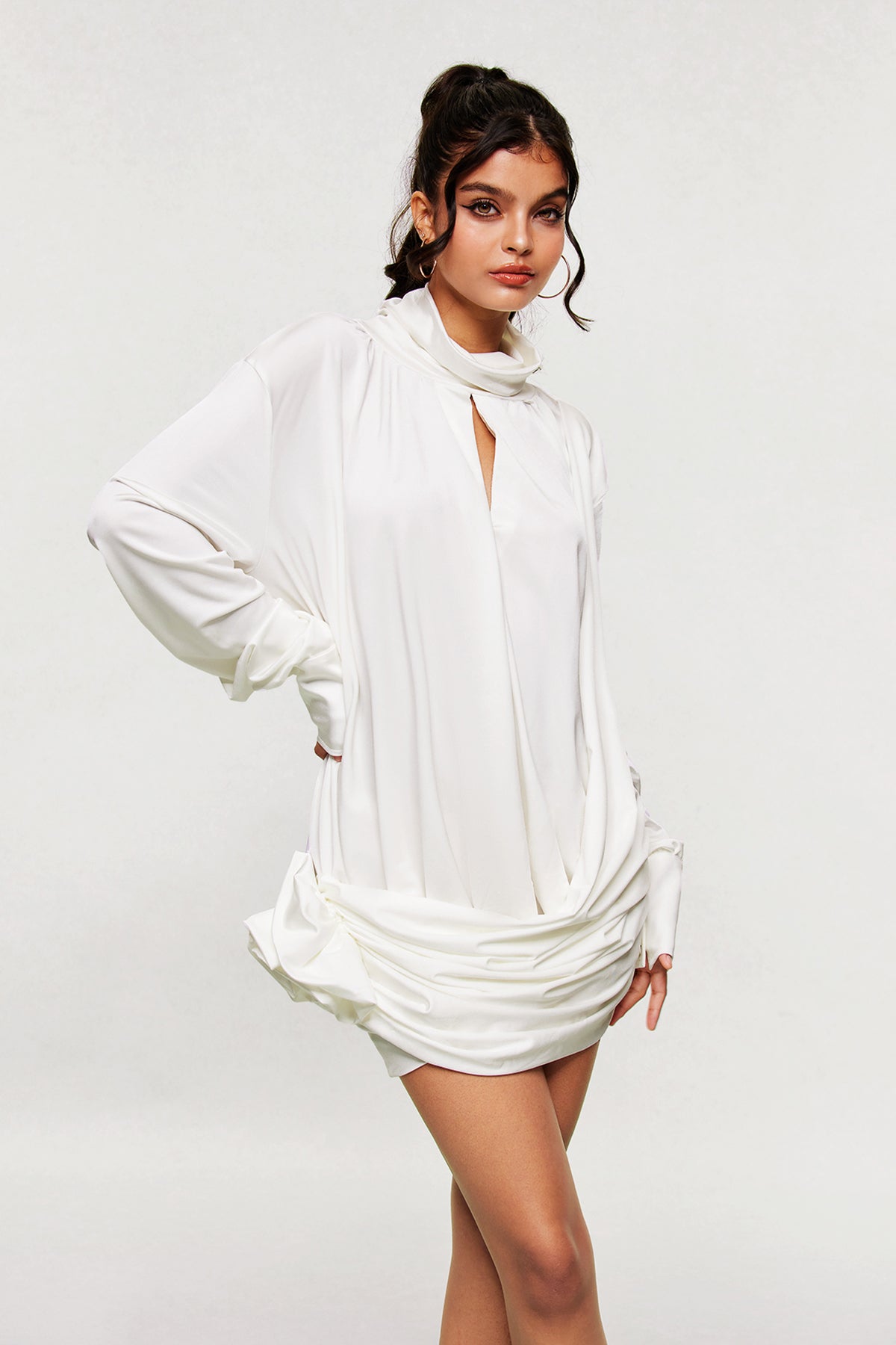 Ariella Flower Cutout Mesh Ruch Mini Dress In White