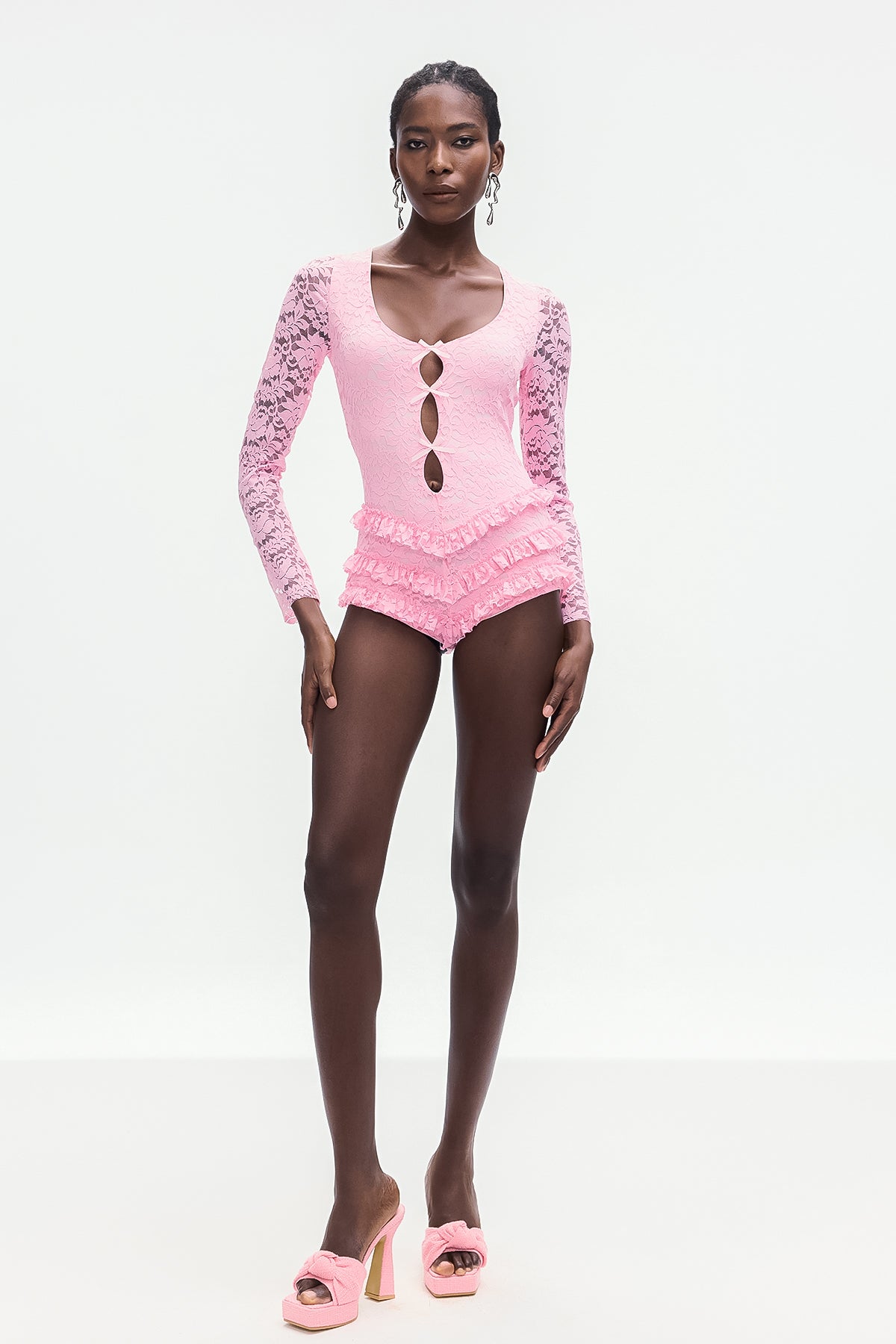 Arif Lace Bow Cutout Ruffle Short Jumpsuit