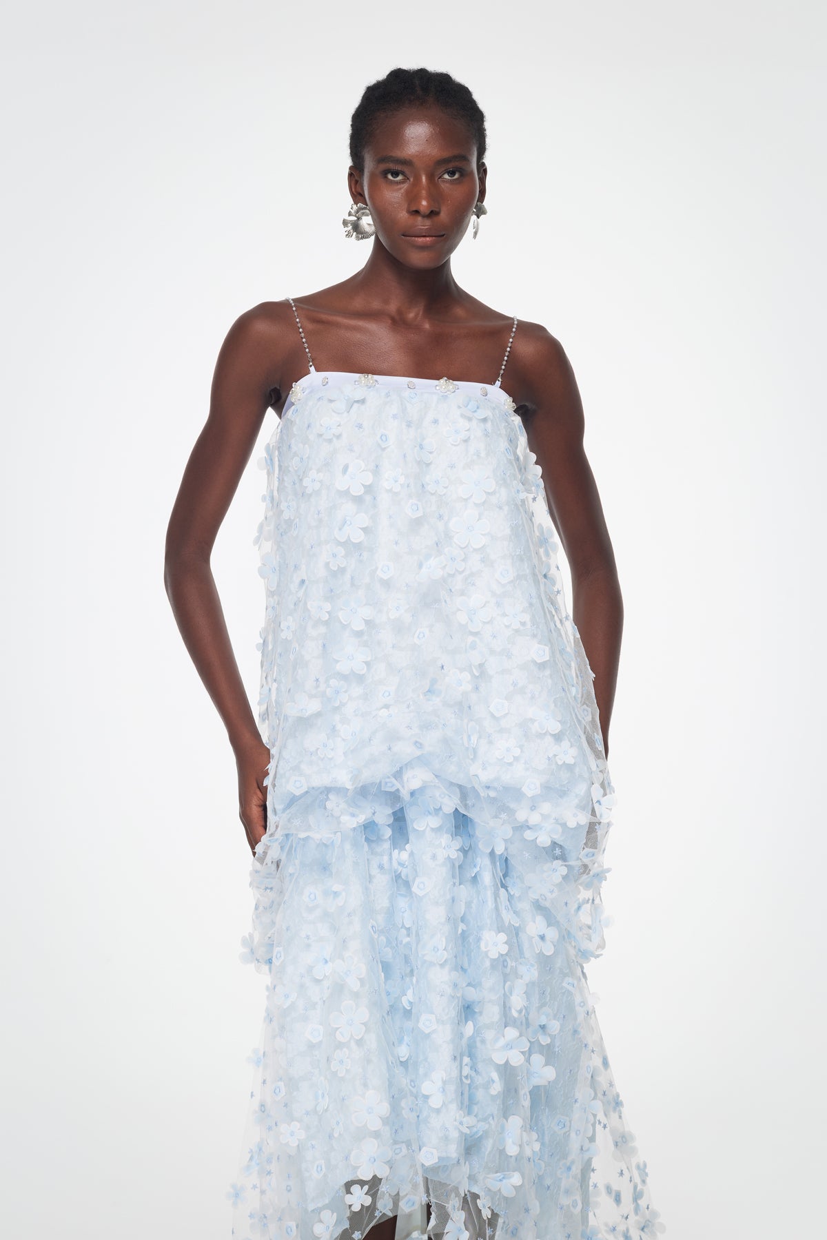 Baduhilt Mesh Flower Strapless Maxi Dress