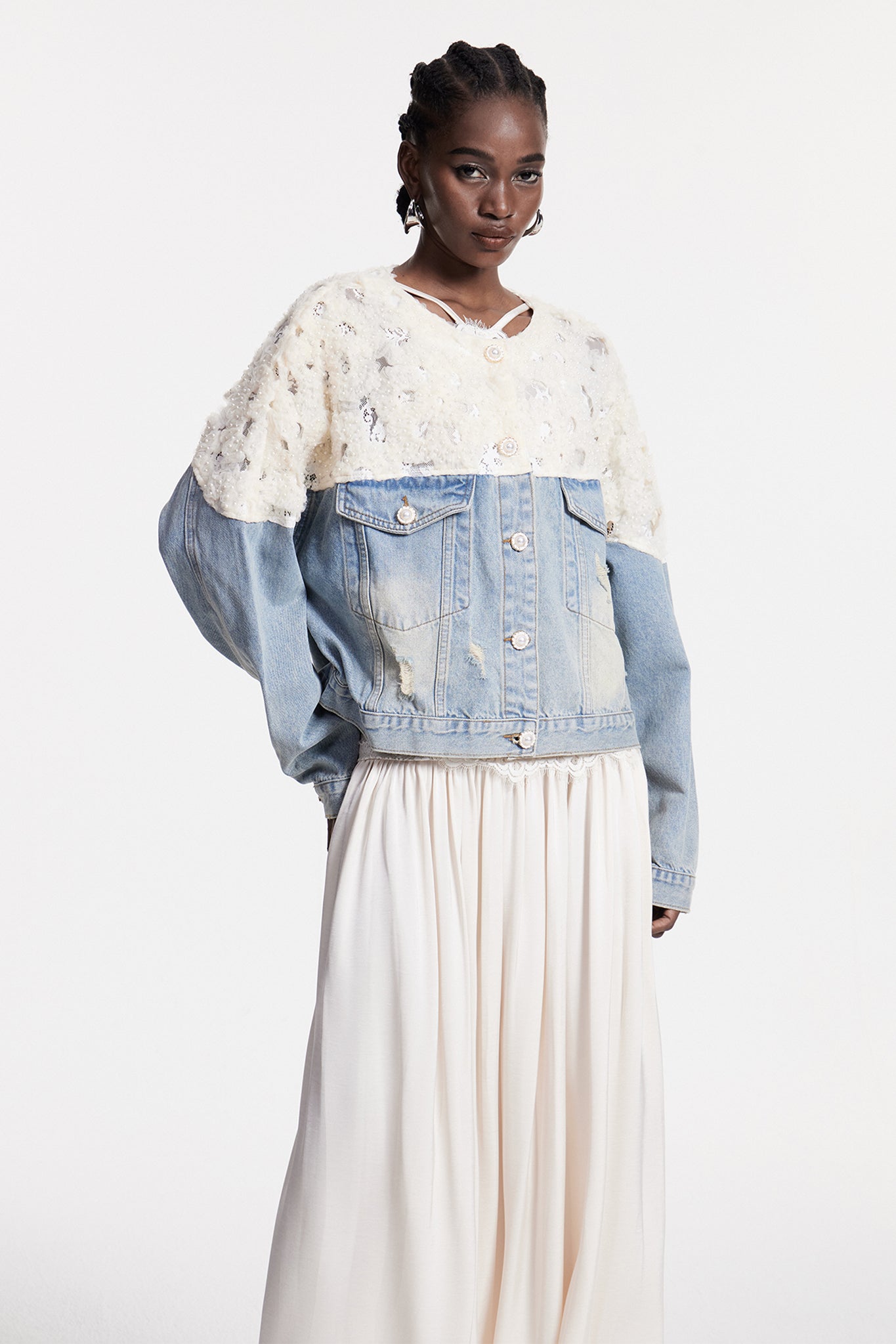 Bakhtiyar Embroidered Sequin Denim Jacket In White